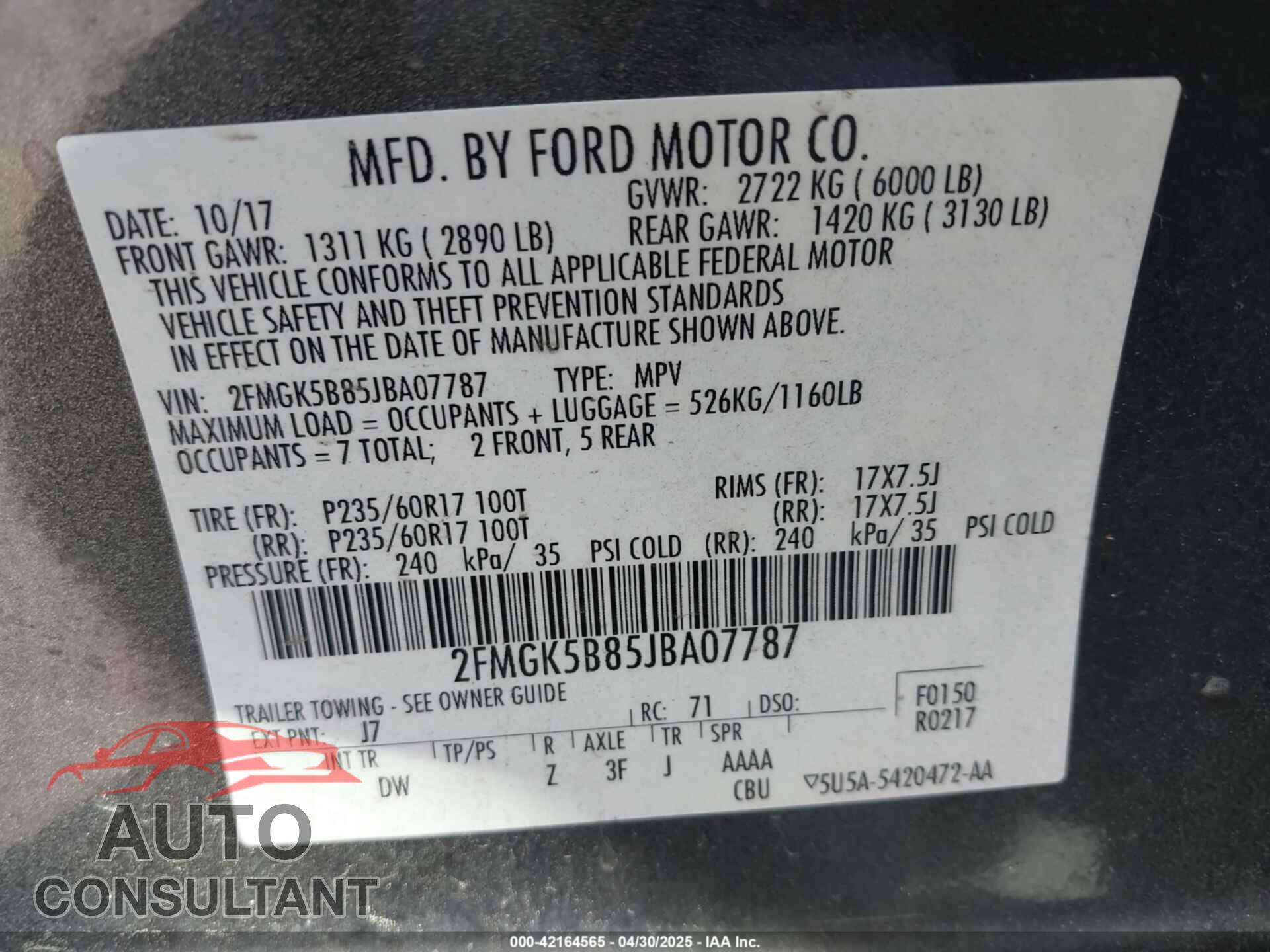 FORD FLEX 2018 - 2FMGK5B85JBA07787