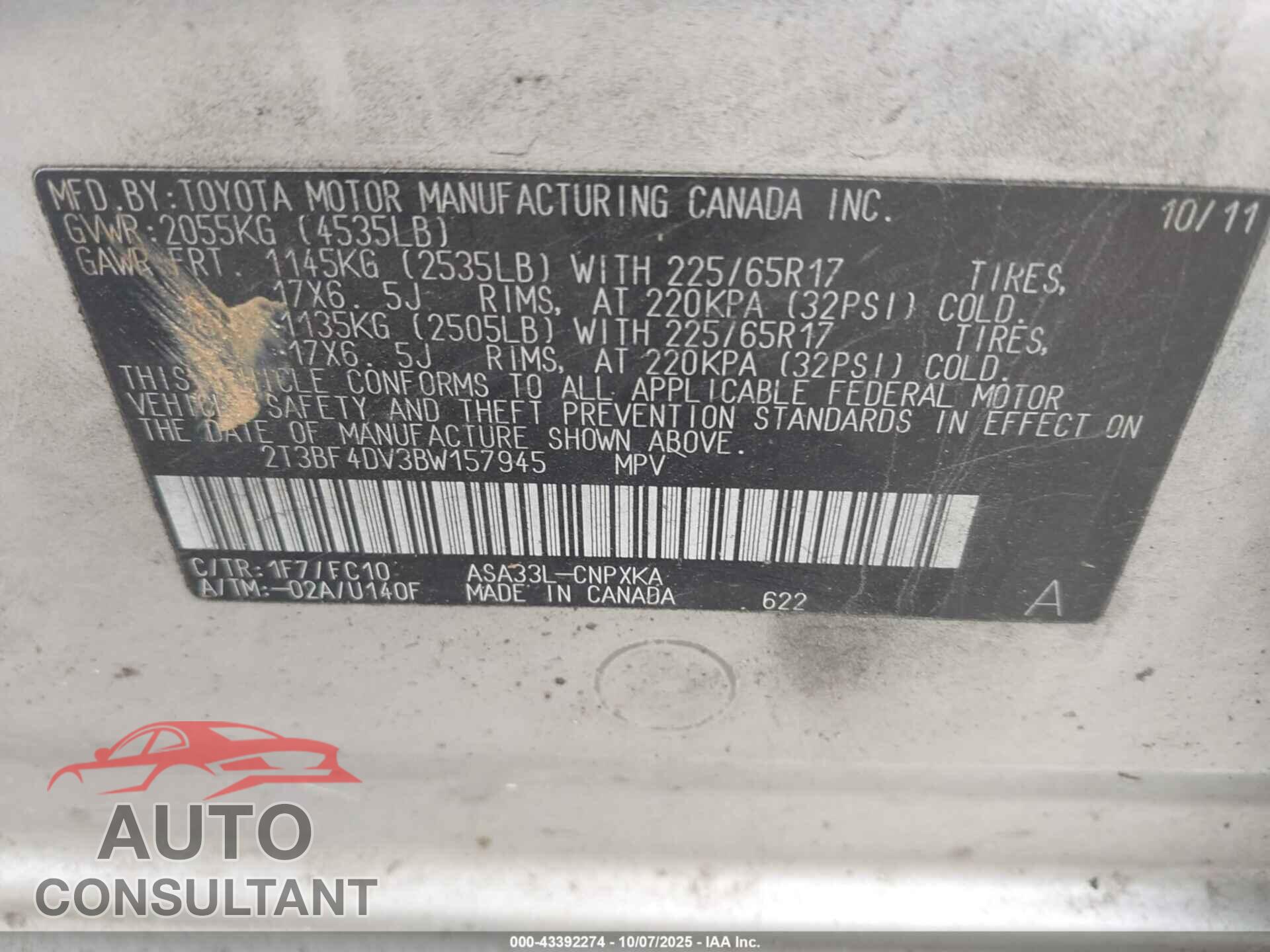 TOYOTA RAV4 2011 - 2T3BF4DV3BW157945