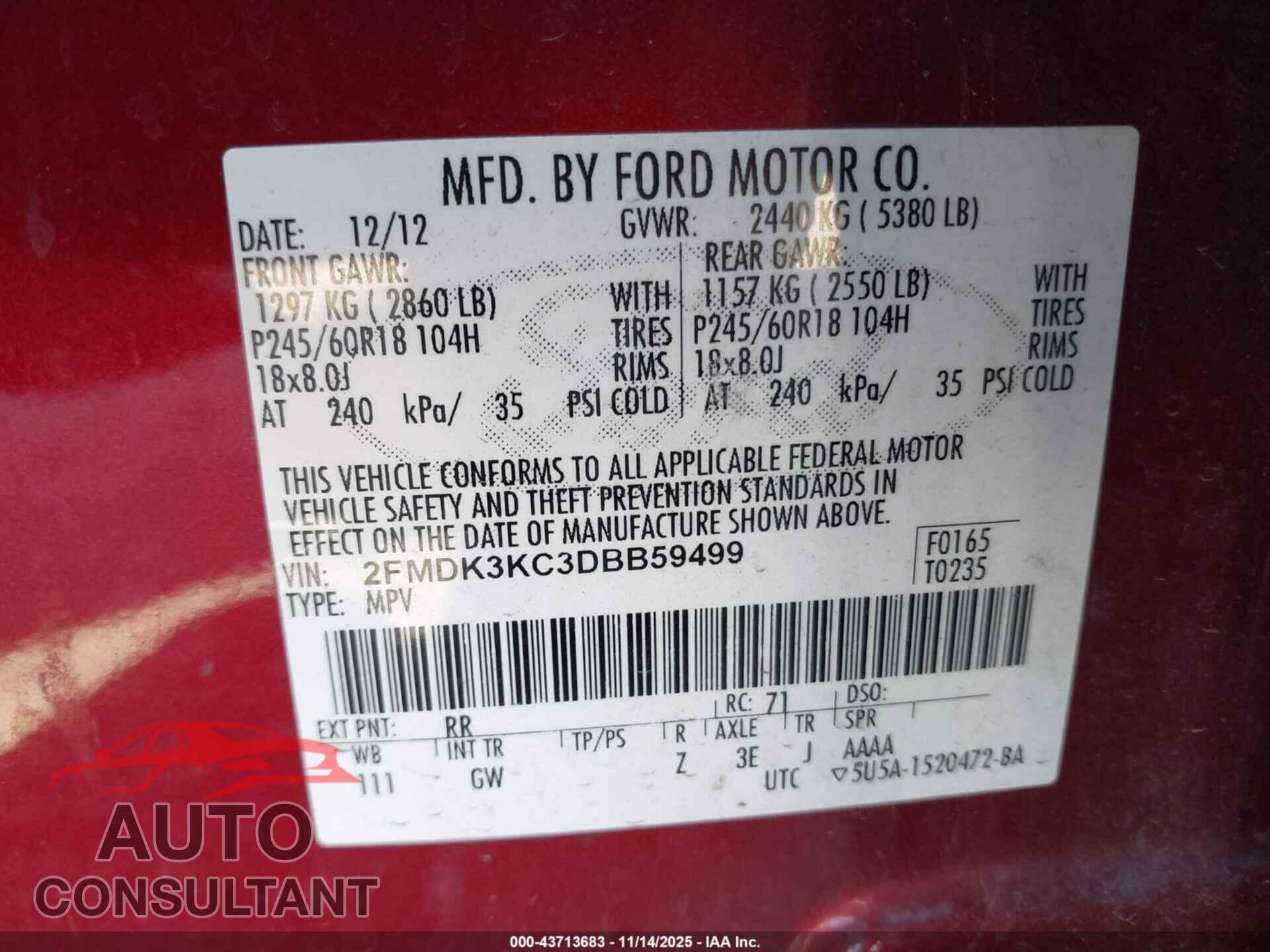 FORD EDGE 2013 - 2FMDK3KC3DBB59499