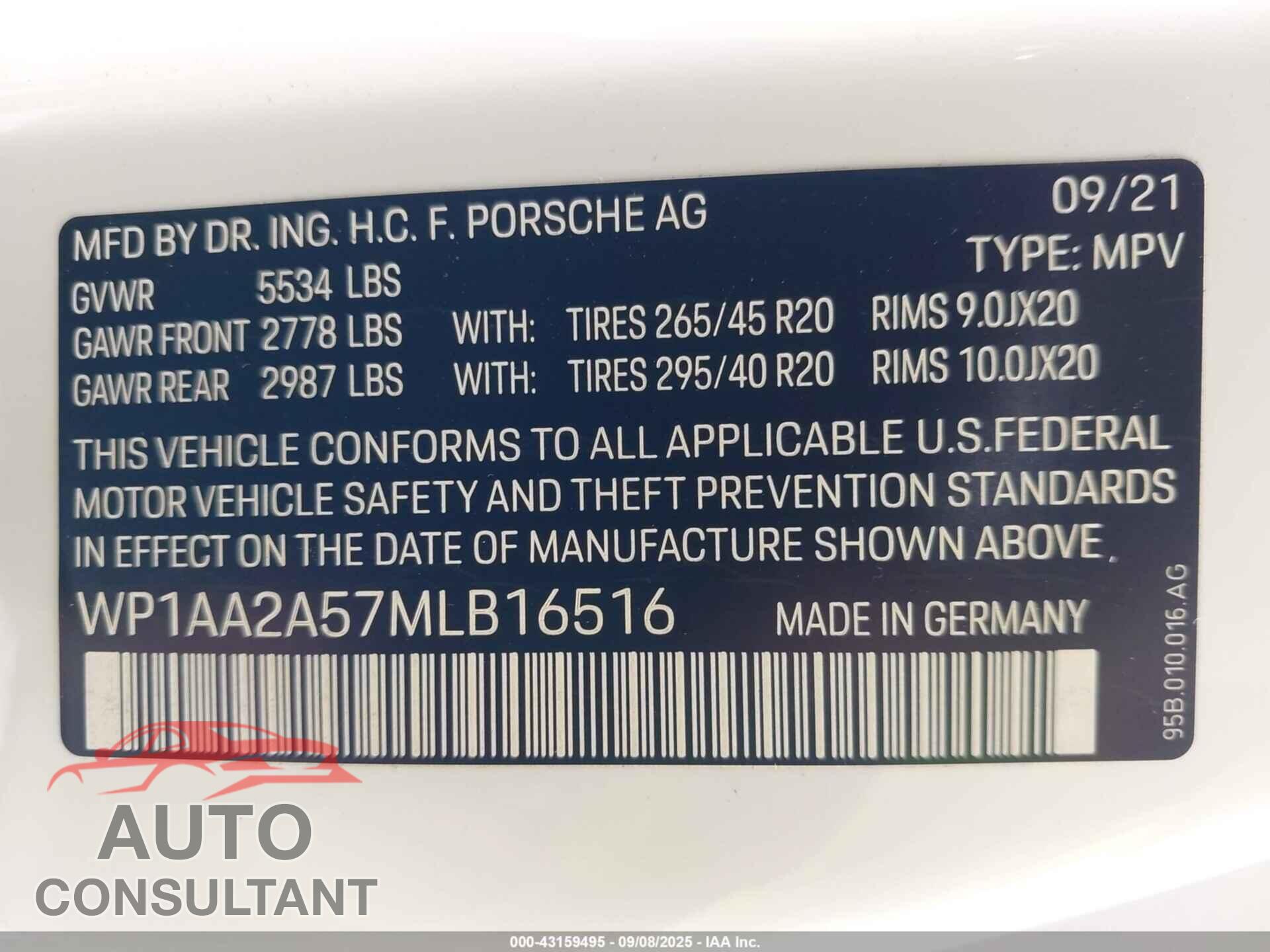 PORSCHE MACAN 2021 - WP1AA2A57MLB16516