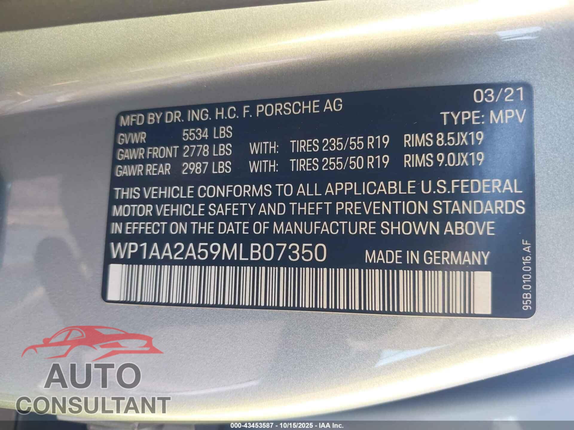 PORSCHE MACAN 2021 - WP1AA2A59MLB07350