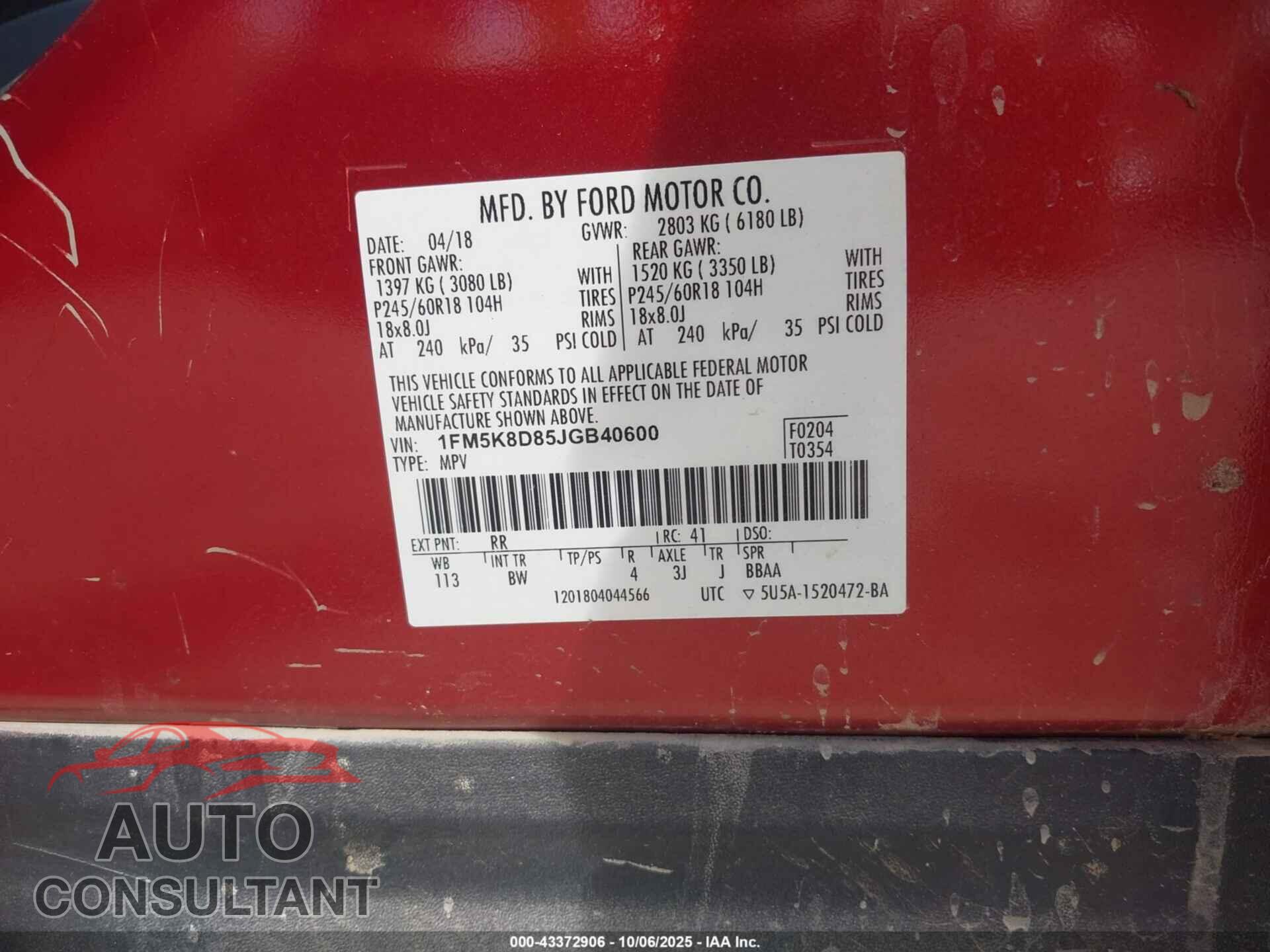 FORD EXPLORER 2018 - 1FM5K8D85JGB40600