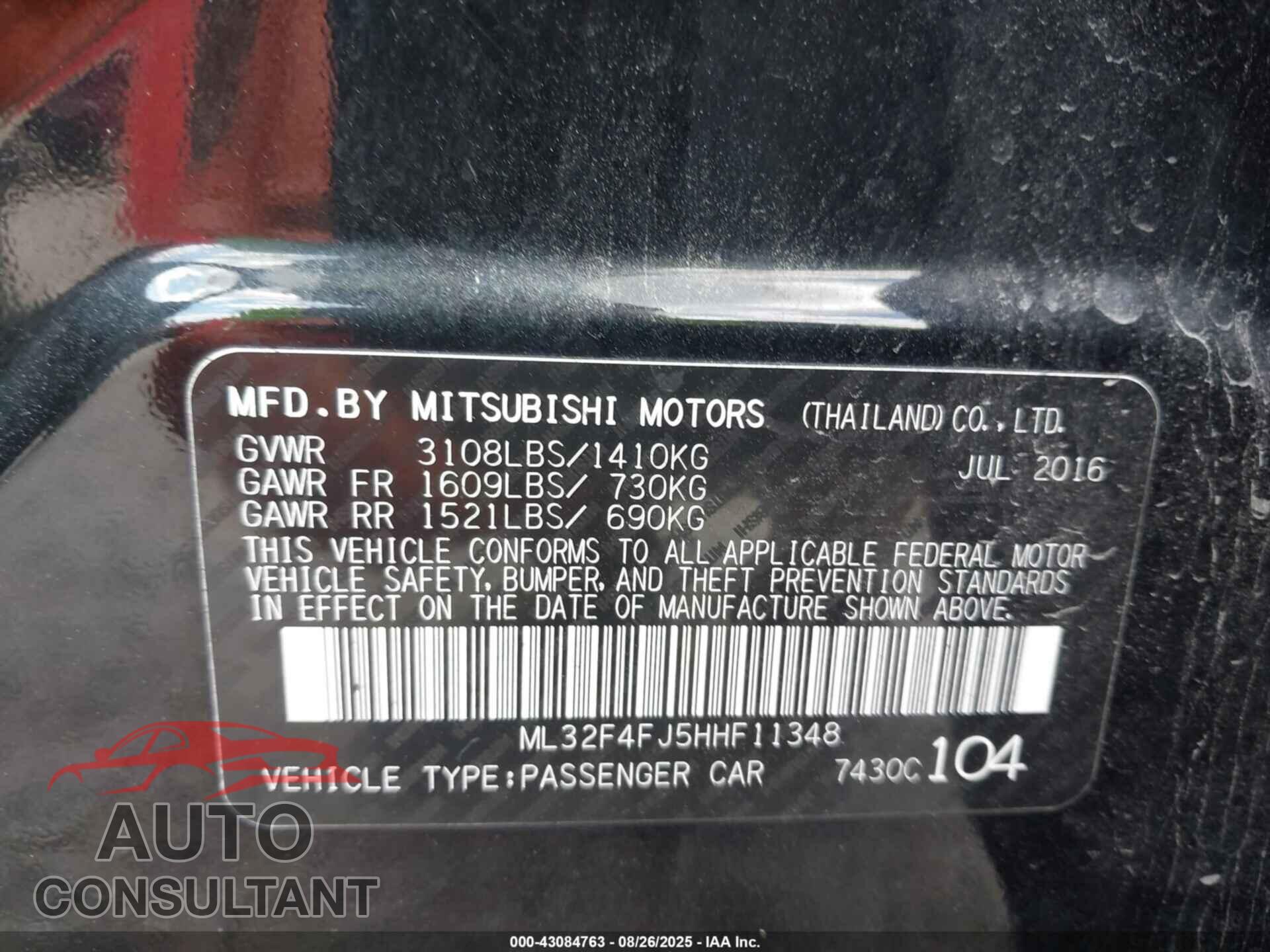 MITSUBISHI MIRAGE G4 2017 - ML32F4FJ5HHF11348