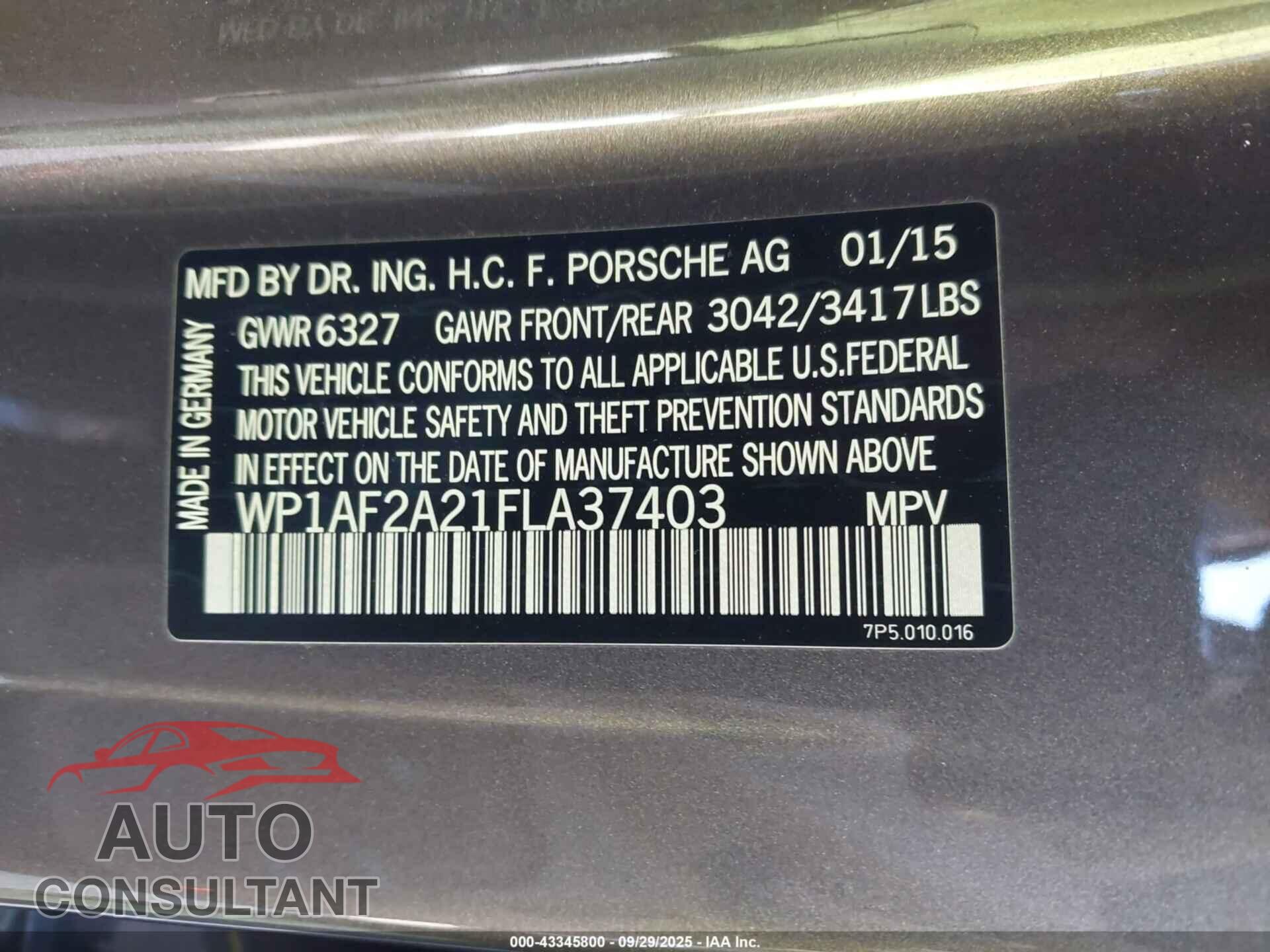 PORSCHE CAYENNE 2015 - WP1AF2A21FLA37403