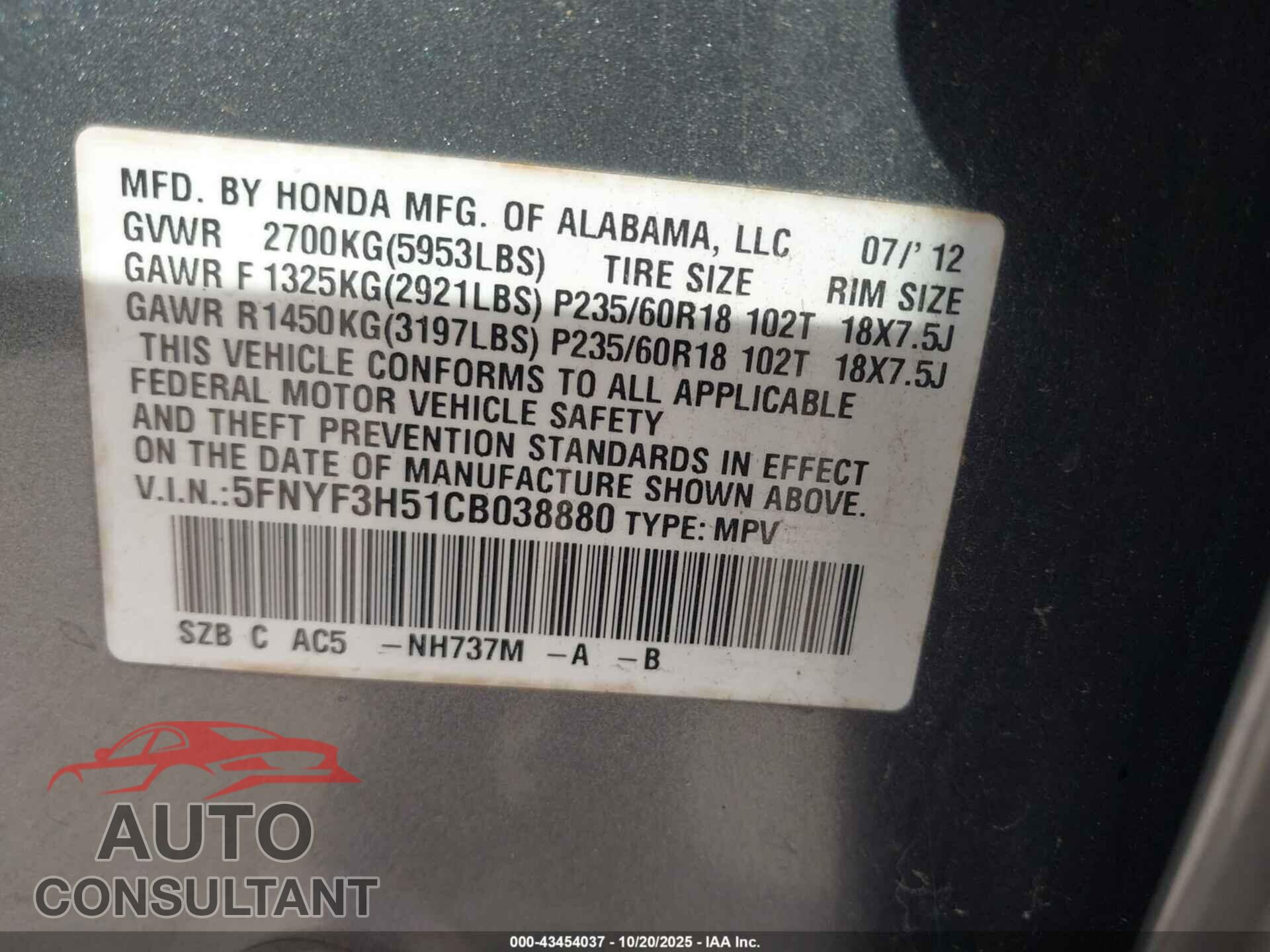 HONDA PILOT 2012 - 5FNYF3H51CB038880