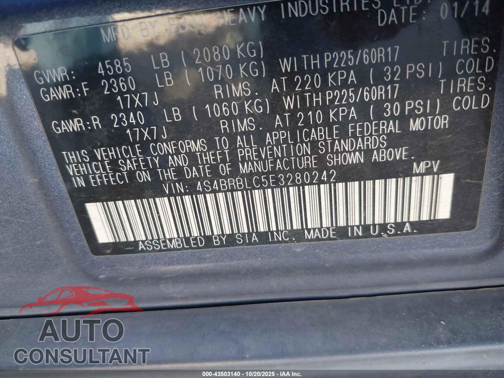 SUBARU OUTBACK 2014 - 4S4BRBLC5E3280242