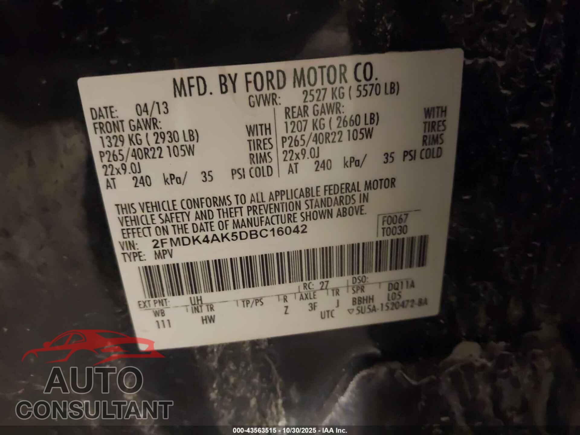 FORD EDGE 2013 - 2FMDK4AK5DBC16042
