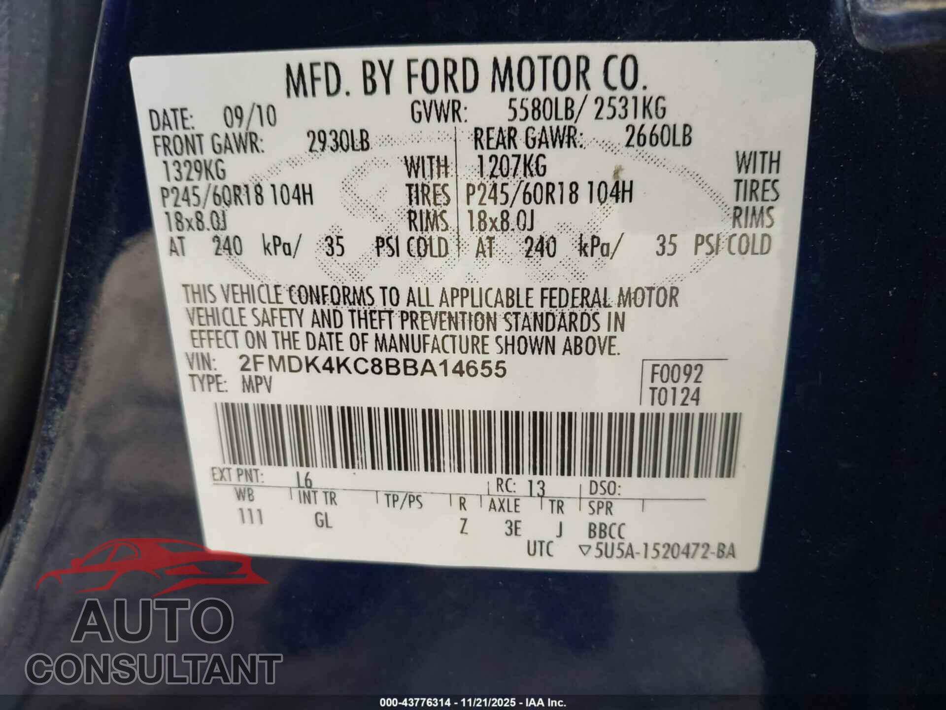 FORD EDGE 2011 - 2FMDK4KC8BBA14655