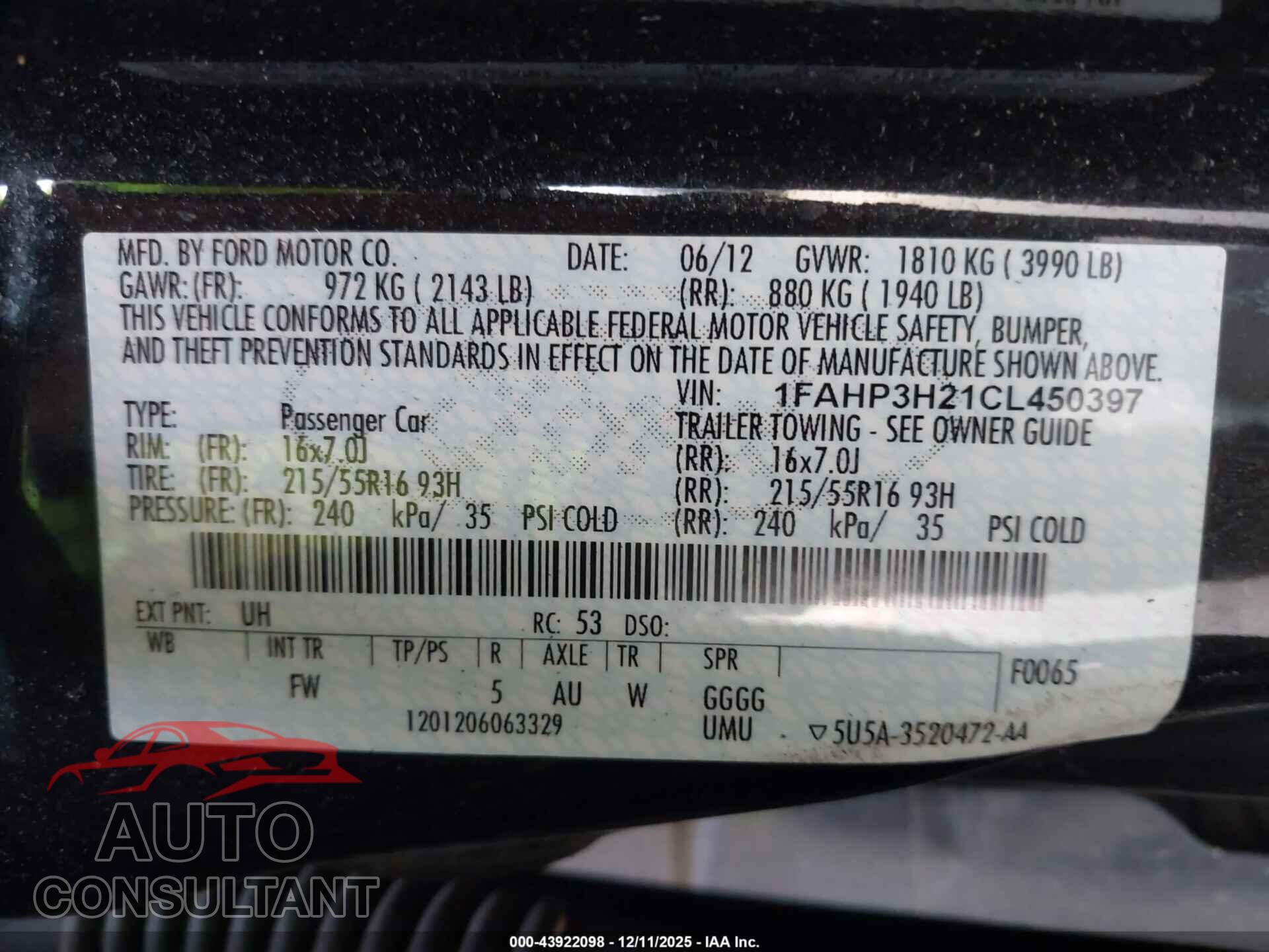 FORD FOCUS 2012 - DFAHP3H23CL450397