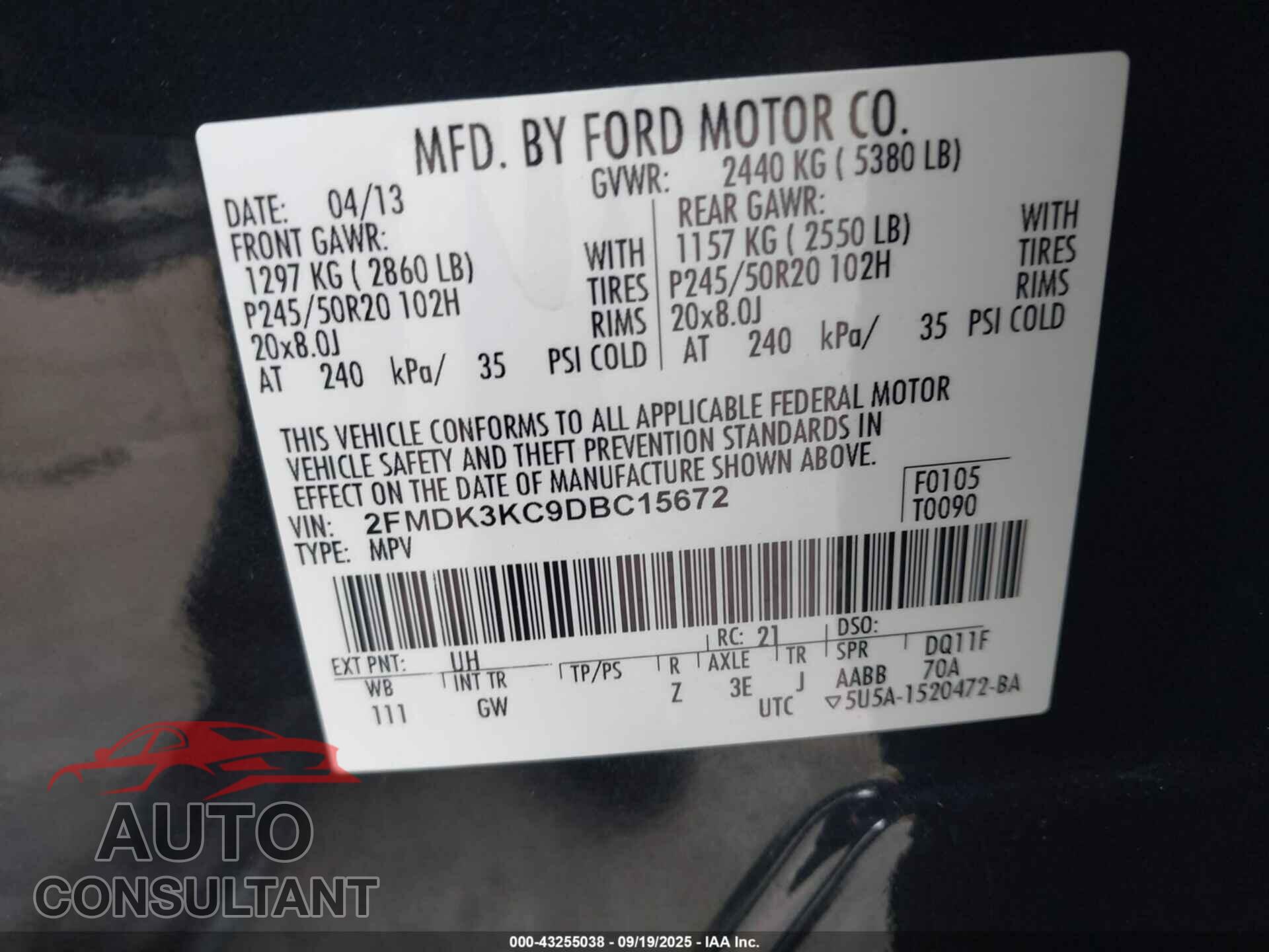 FORD EDGE 2013 - 2FMDK3KC9DBC15672