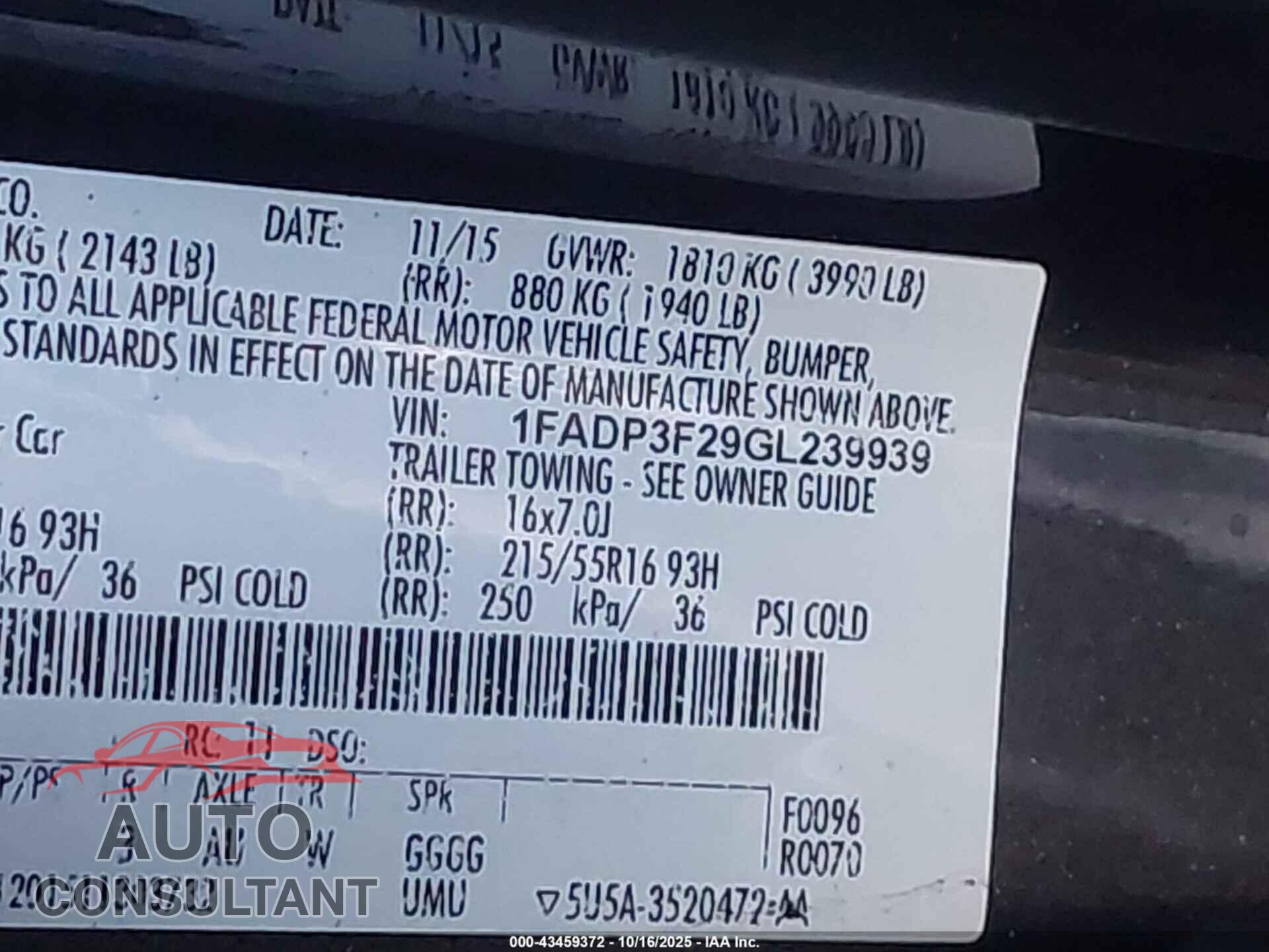 FORD FOCUS 2016 - 1FADP3F29GL239939