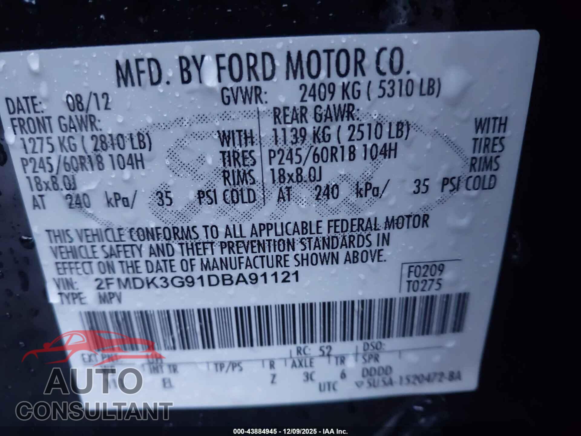 FORD EDGE 2013 - 2FMDK3G91DBA91121