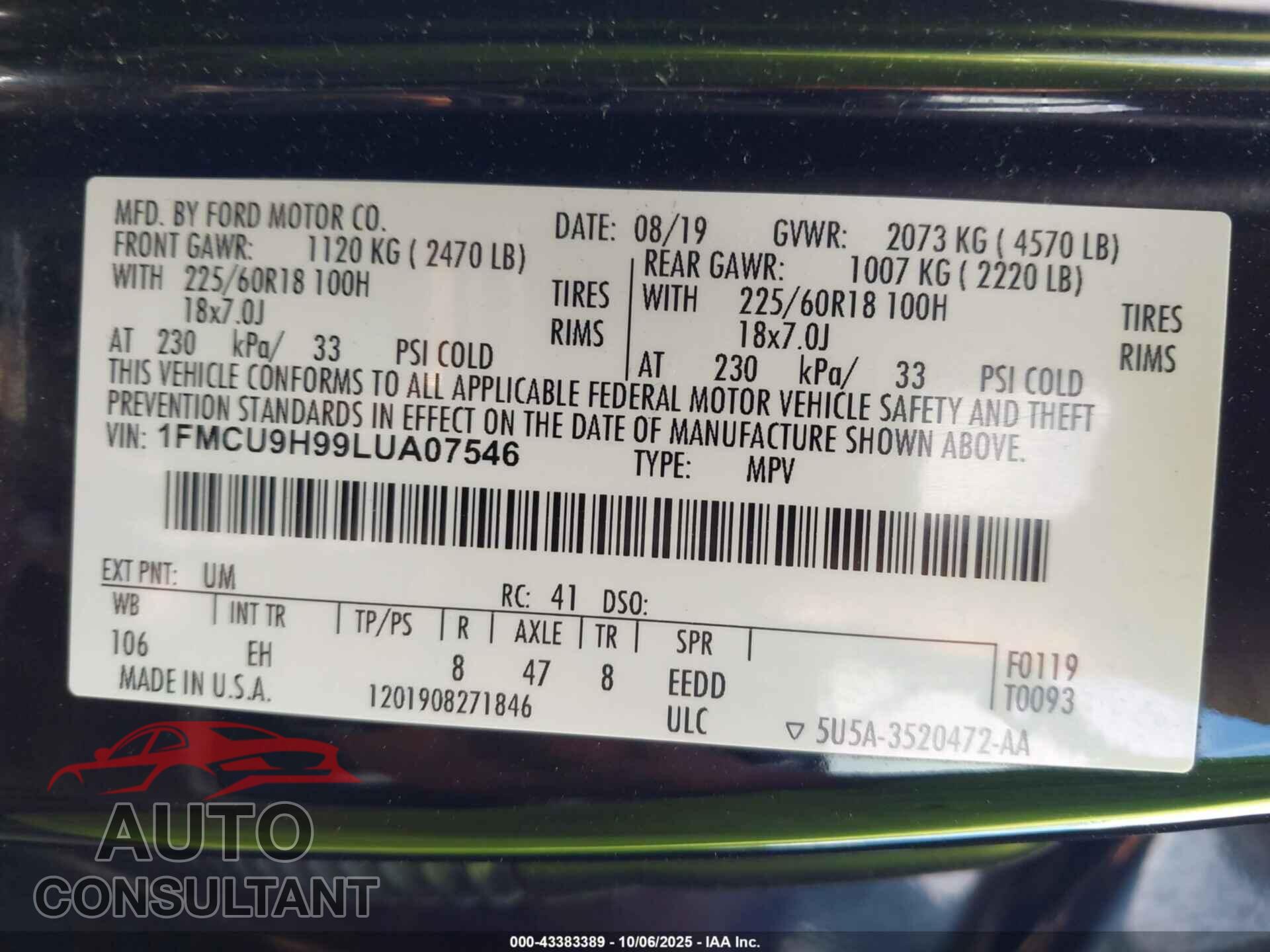 FORD ESCAPE 2020 - 1FMCU9H99LUA07546