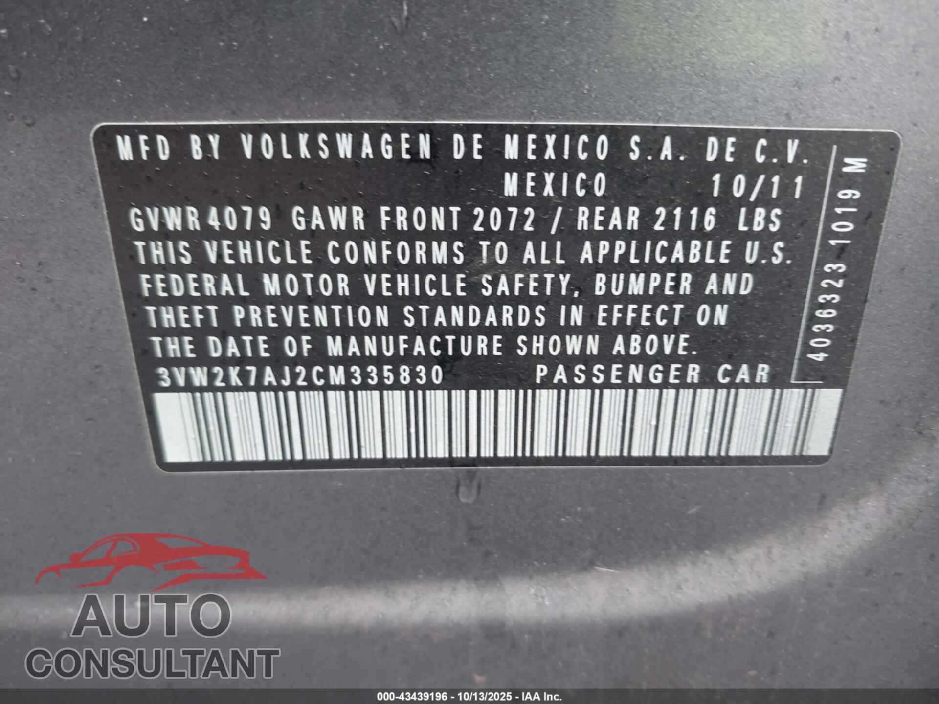VOLKSWAGEN JETTA 2012 - 3VW2K7AJ2CM335830