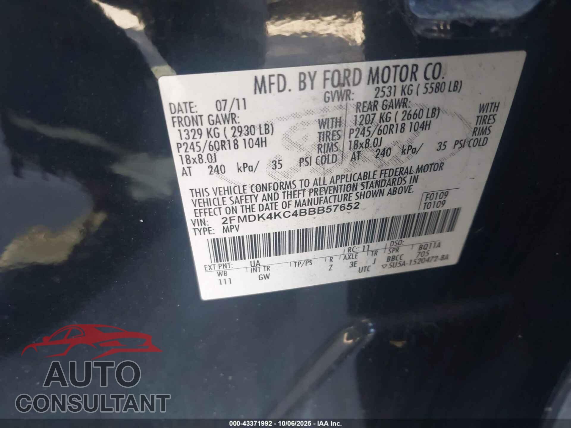 FORD EDGE 2011 - 2FMDK4KC4BBB57652