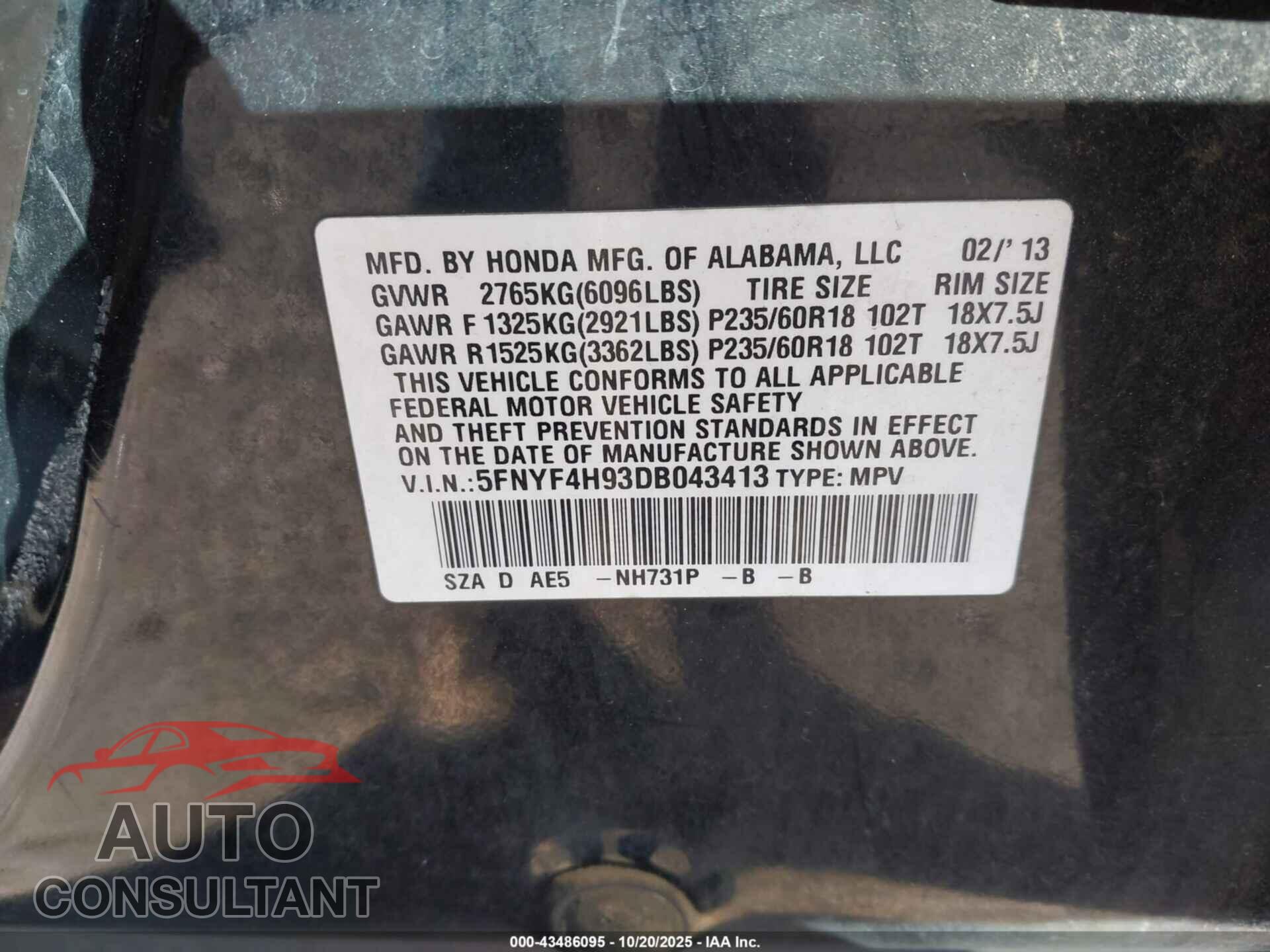 HONDA PILOT 2013 - 5FNYF4H93DB043413