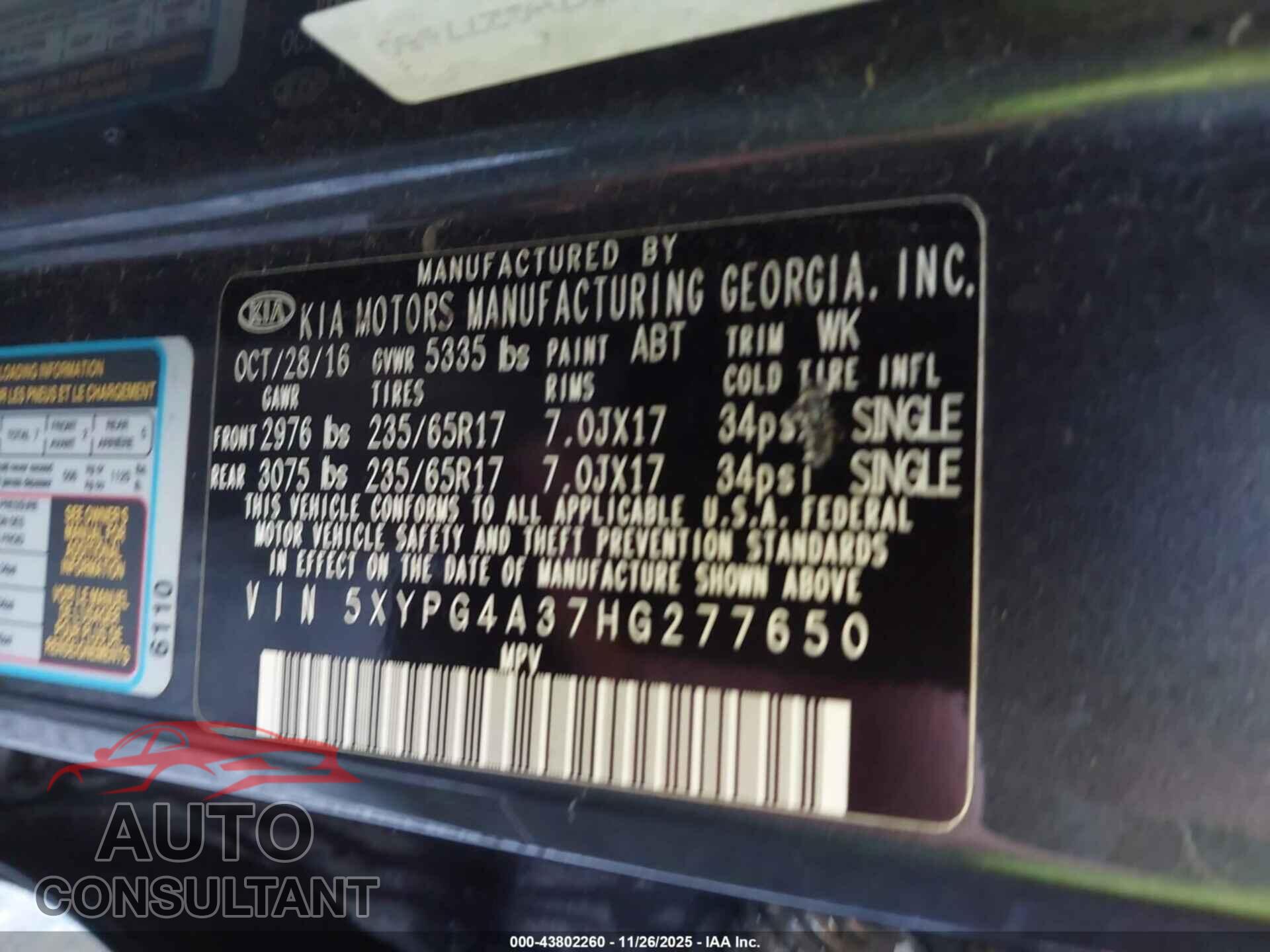 KIA SORENTO 2017 - 5XYPG4A37HG277650