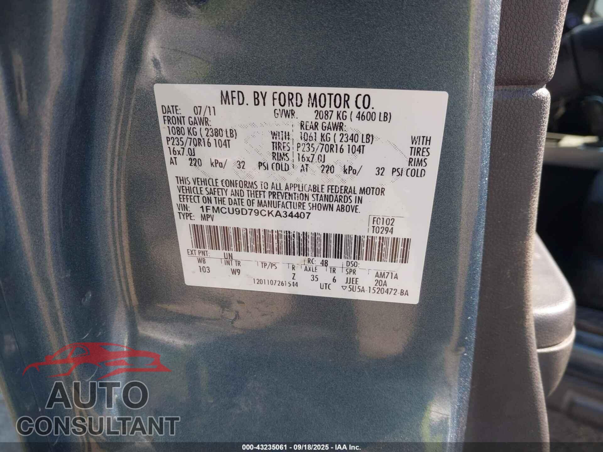 FORD ESCAPE 2012 - 1FMCU9D79CKA34407