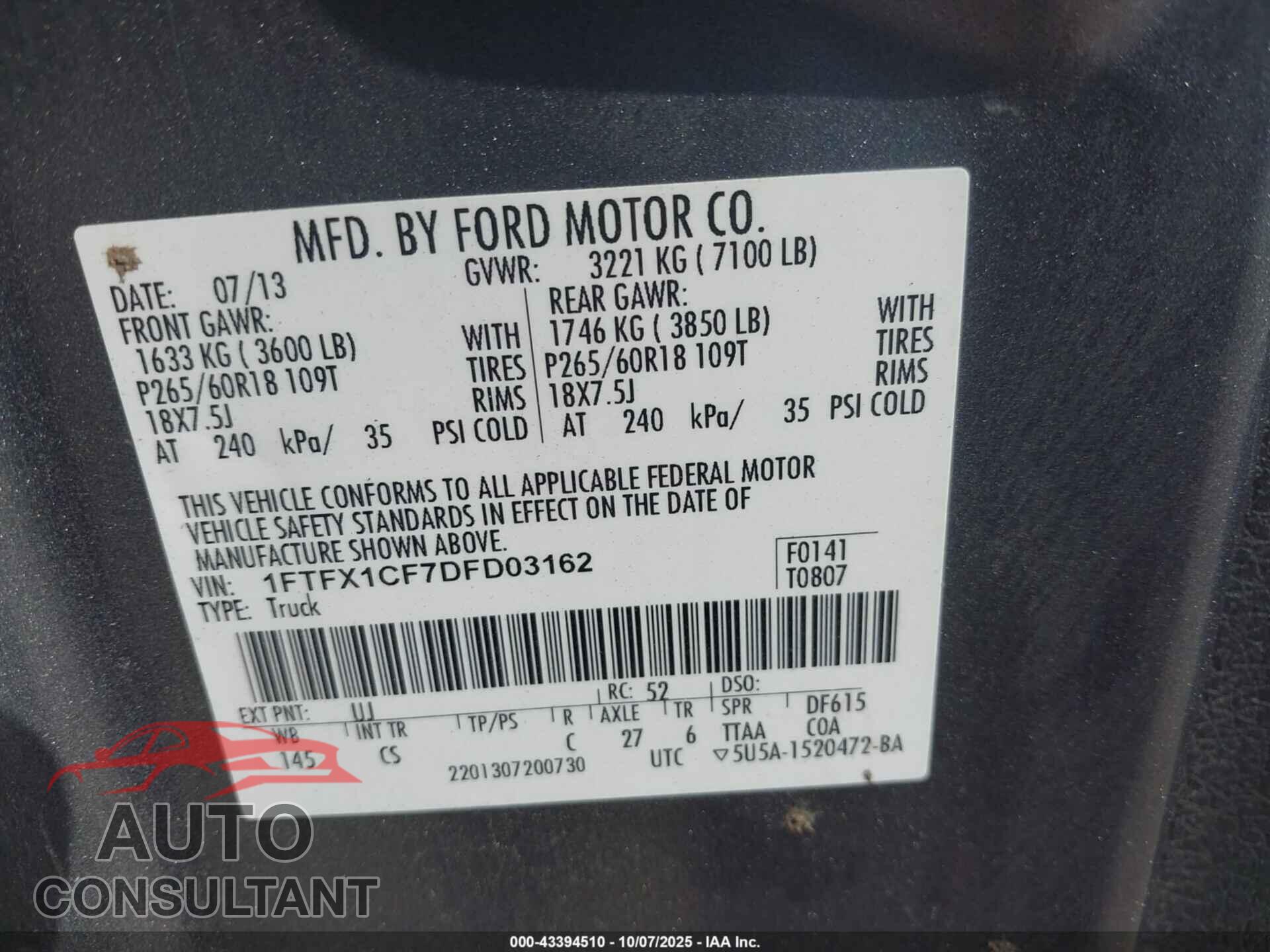 FORD F-150 2013 - 1FTFX1CF7DFD03162