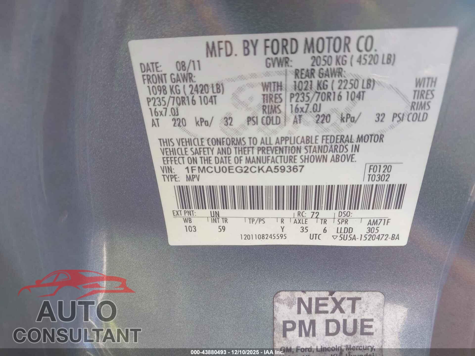 FORD ESCAPE 2012 - 1FMCU0EG2CKA59367