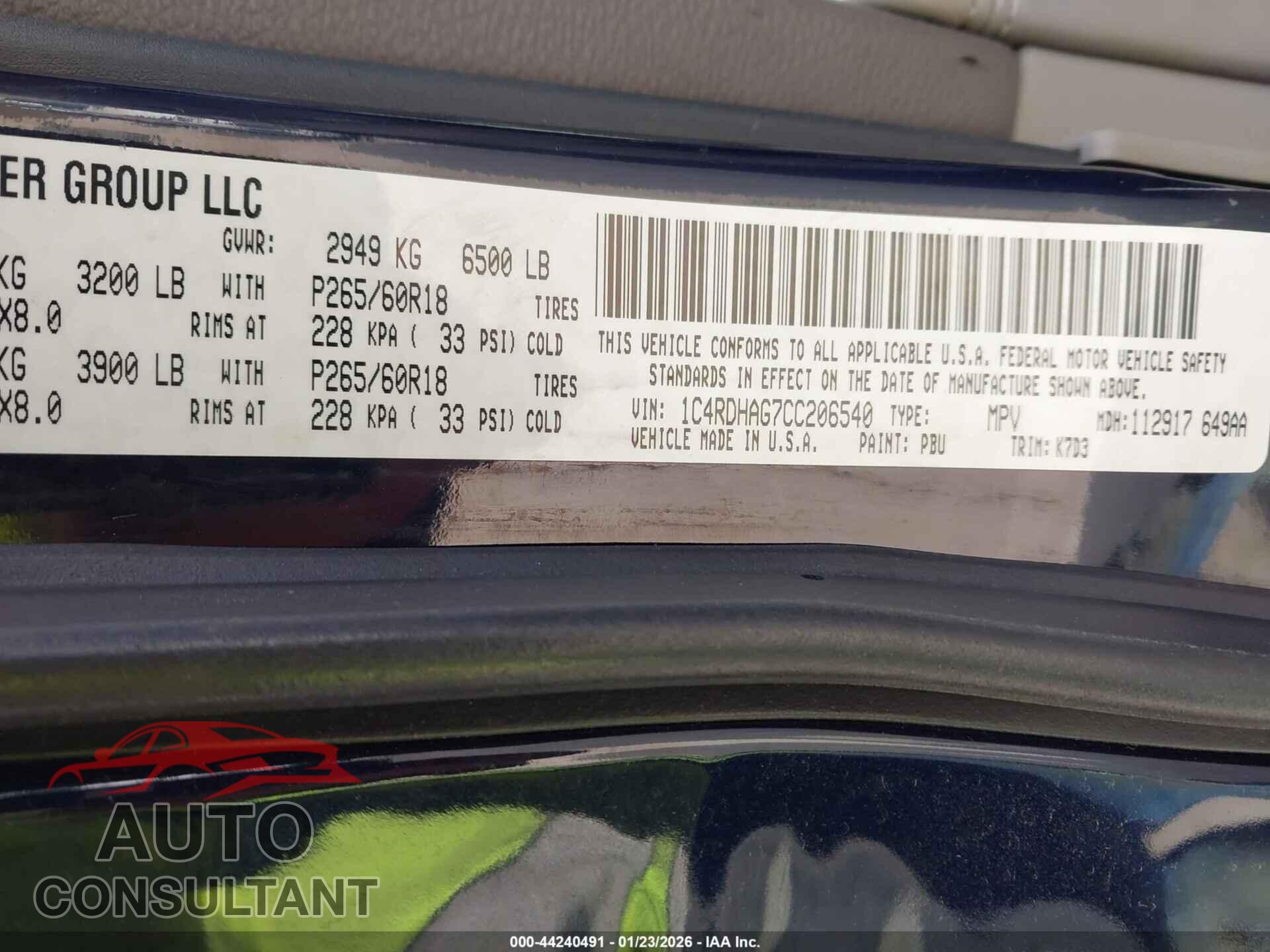 DODGE DURANGO 2012 - 1C4RDHAG7CC206540