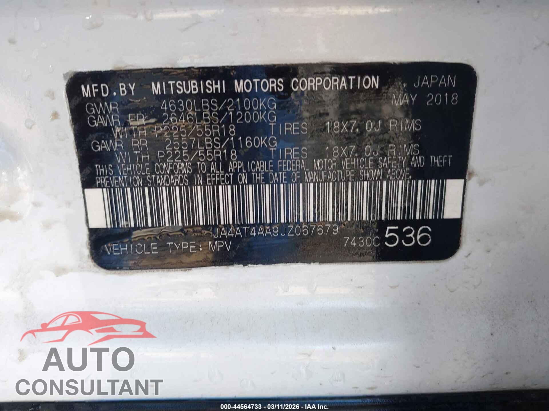 MITSUBISHI ECLIPSE CROSS 2018 - JA4AT4AA9JZ067679