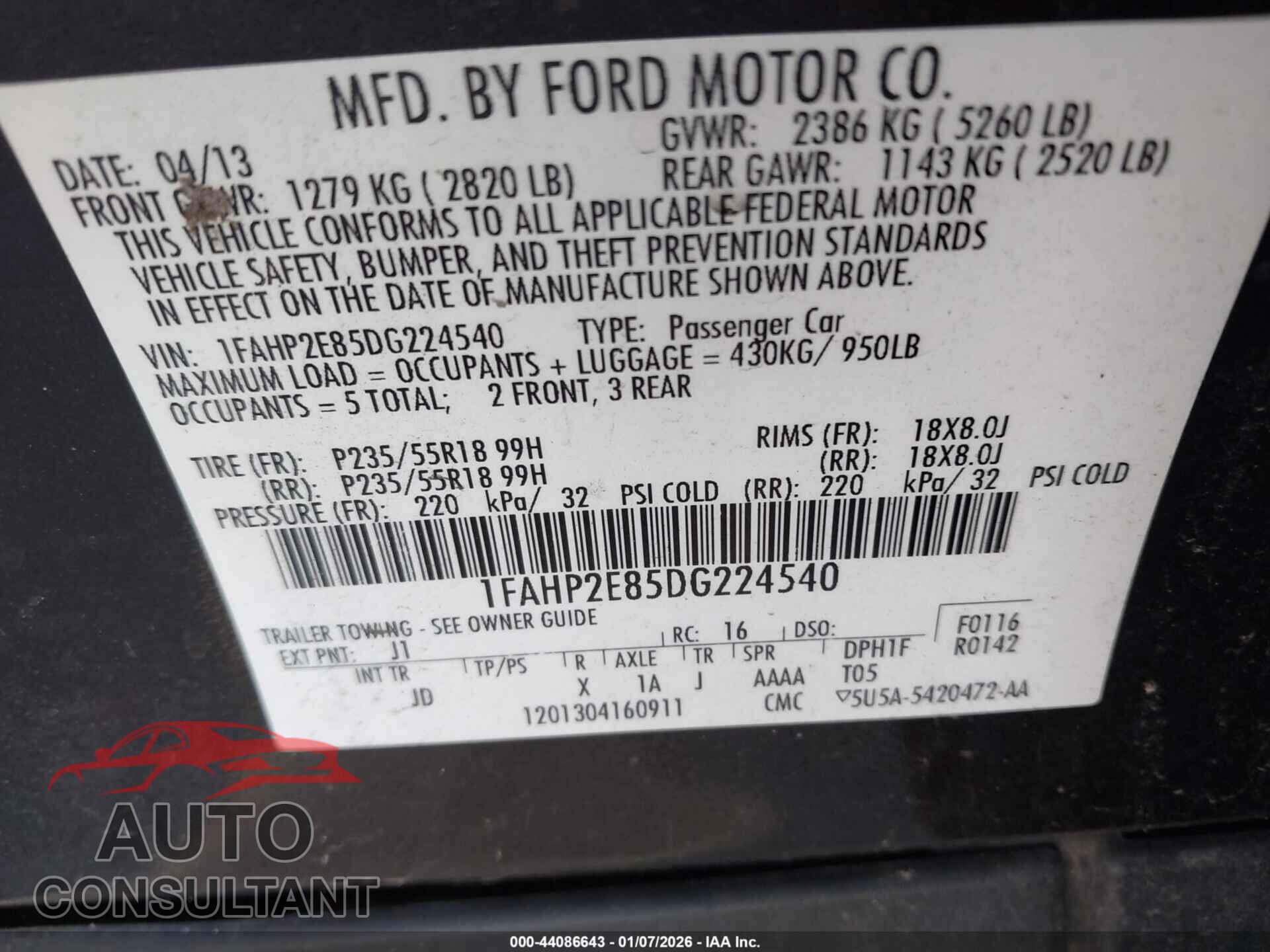 FORD TAURUS 2013 - 1FAHP2E85DG224540