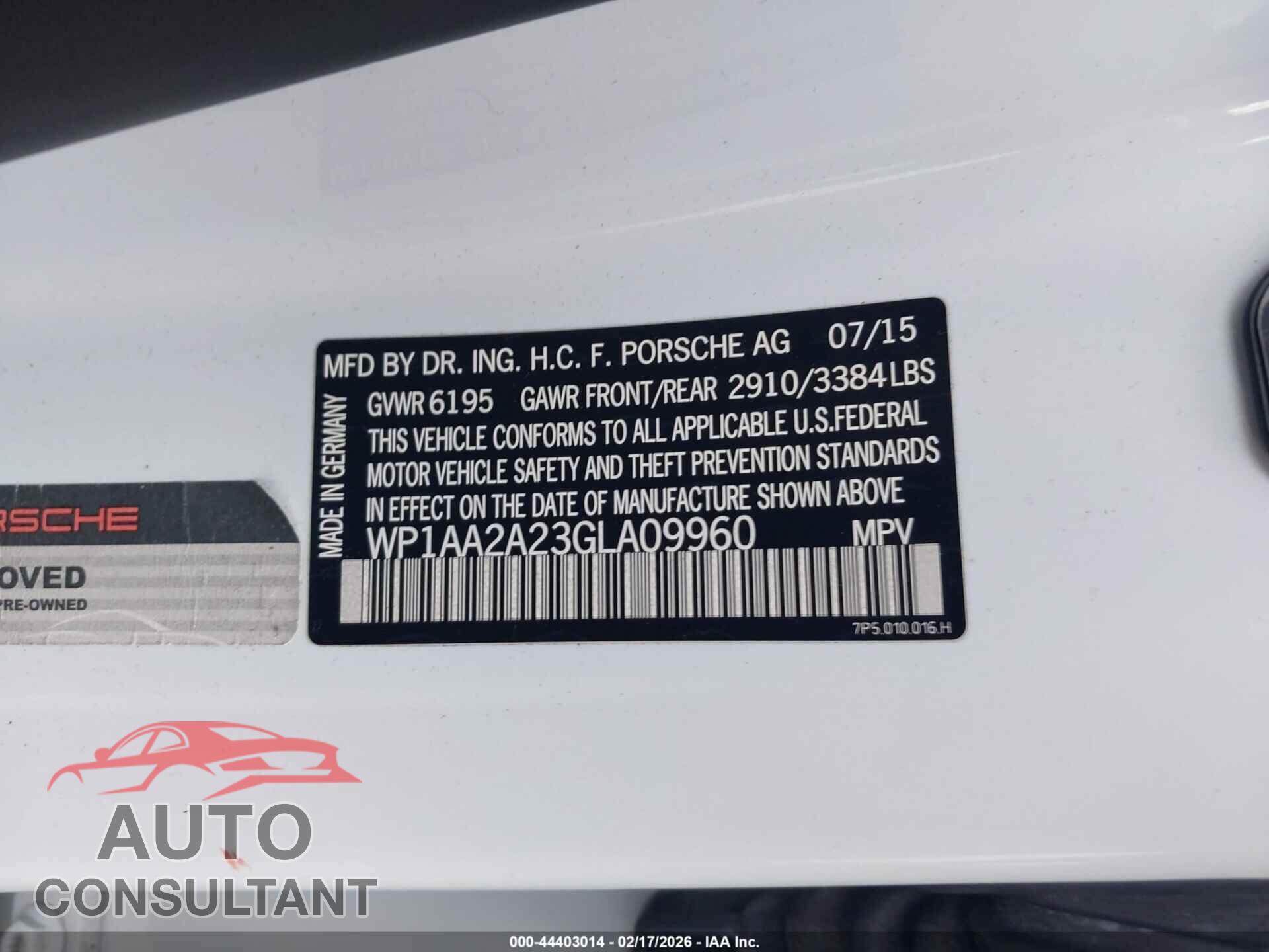 PORSCHE CAYENNE 2016 - WP1AA2A23GLA09960