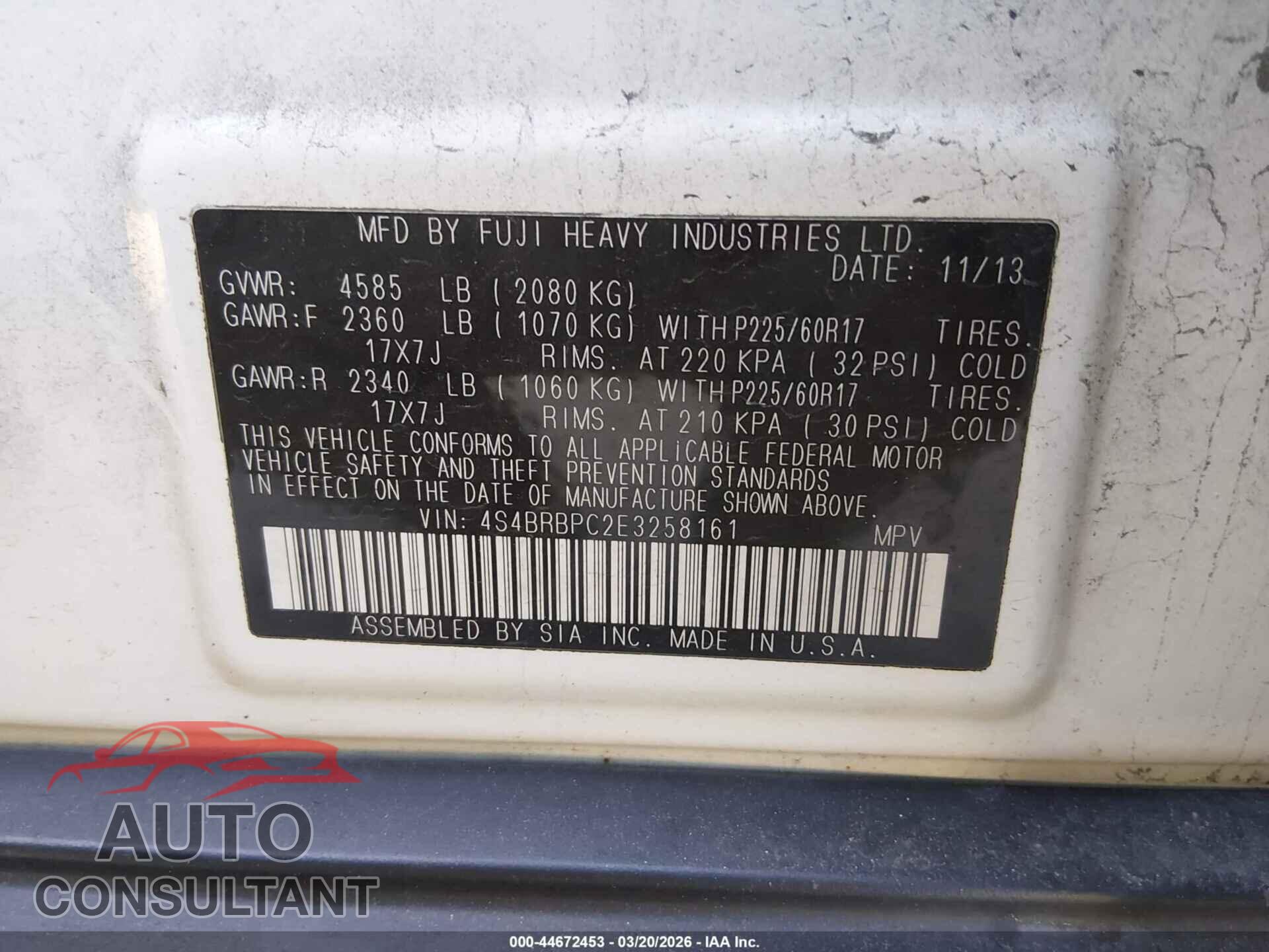 SUBARU OUTBACK 2014 - 4S4BRBPC2E3258161