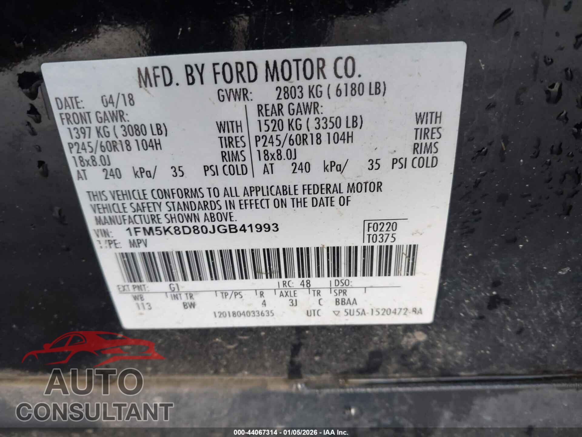 FORD EXPLORER 2018 - 1FM5K8D80JGB41993