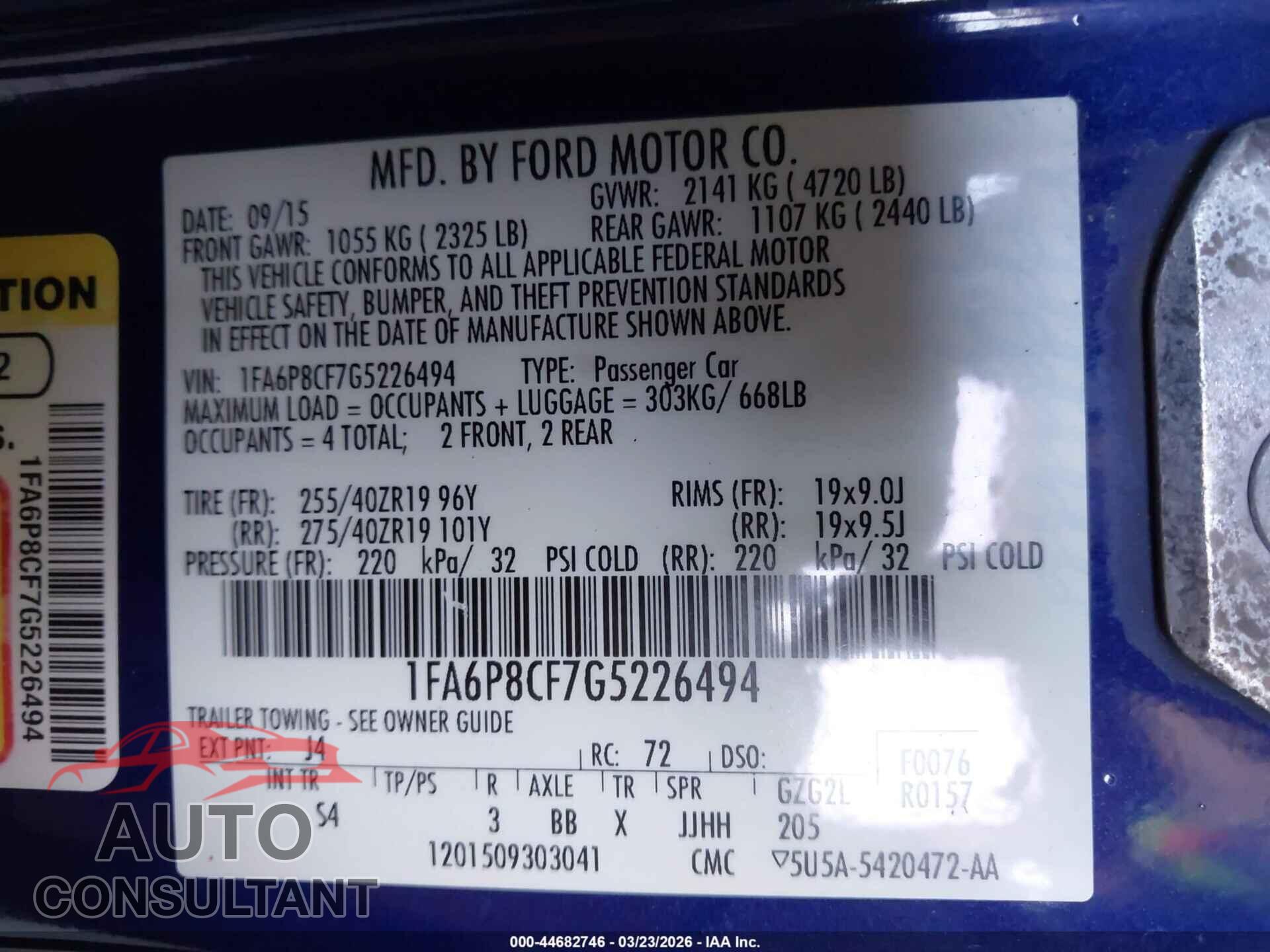 FORD MUSTANG 2016 - 1FA6P8CF7G5226494