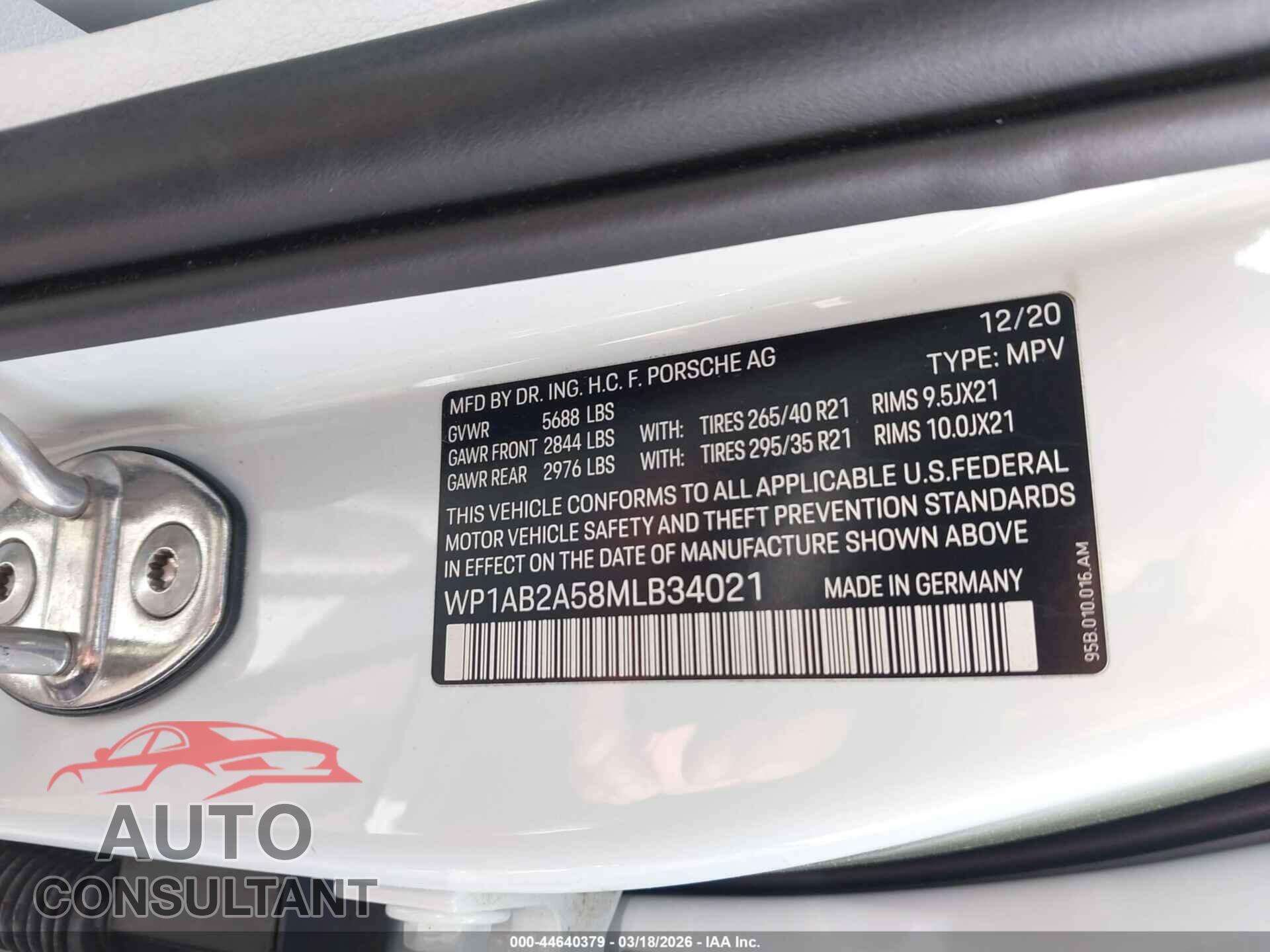 PORSCHE MACAN 2021 - WP1AB2A58MLB34021