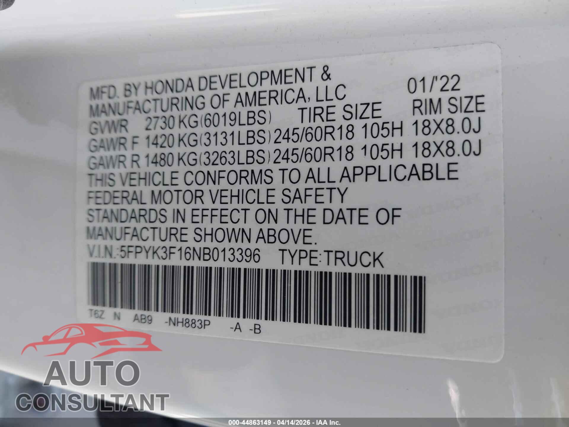 HONDA RIDGELINE 2022 - 5FPYK3F16NB013396