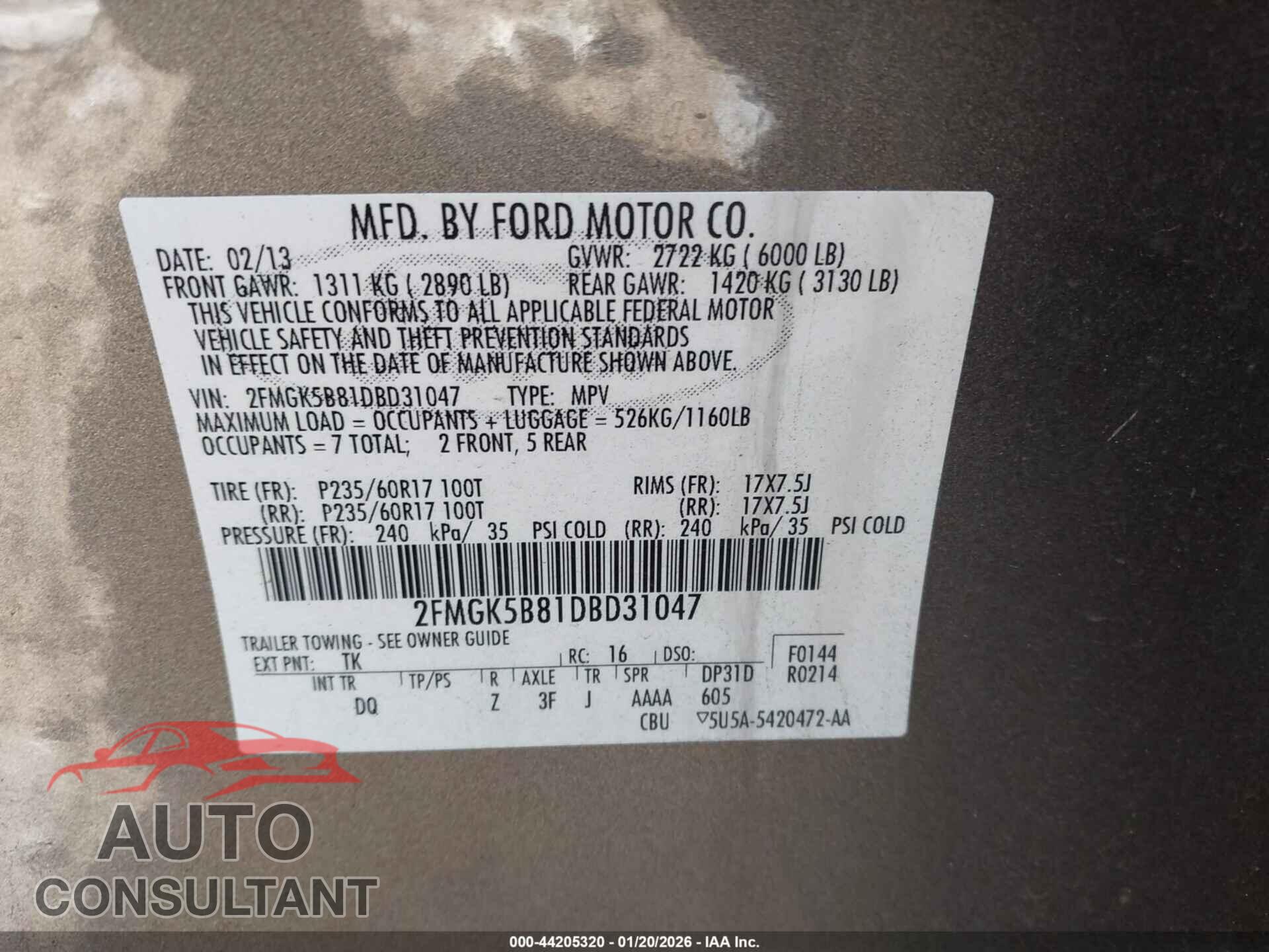 FORD FLEX 2013 - 2FMGK5B81DBD31047