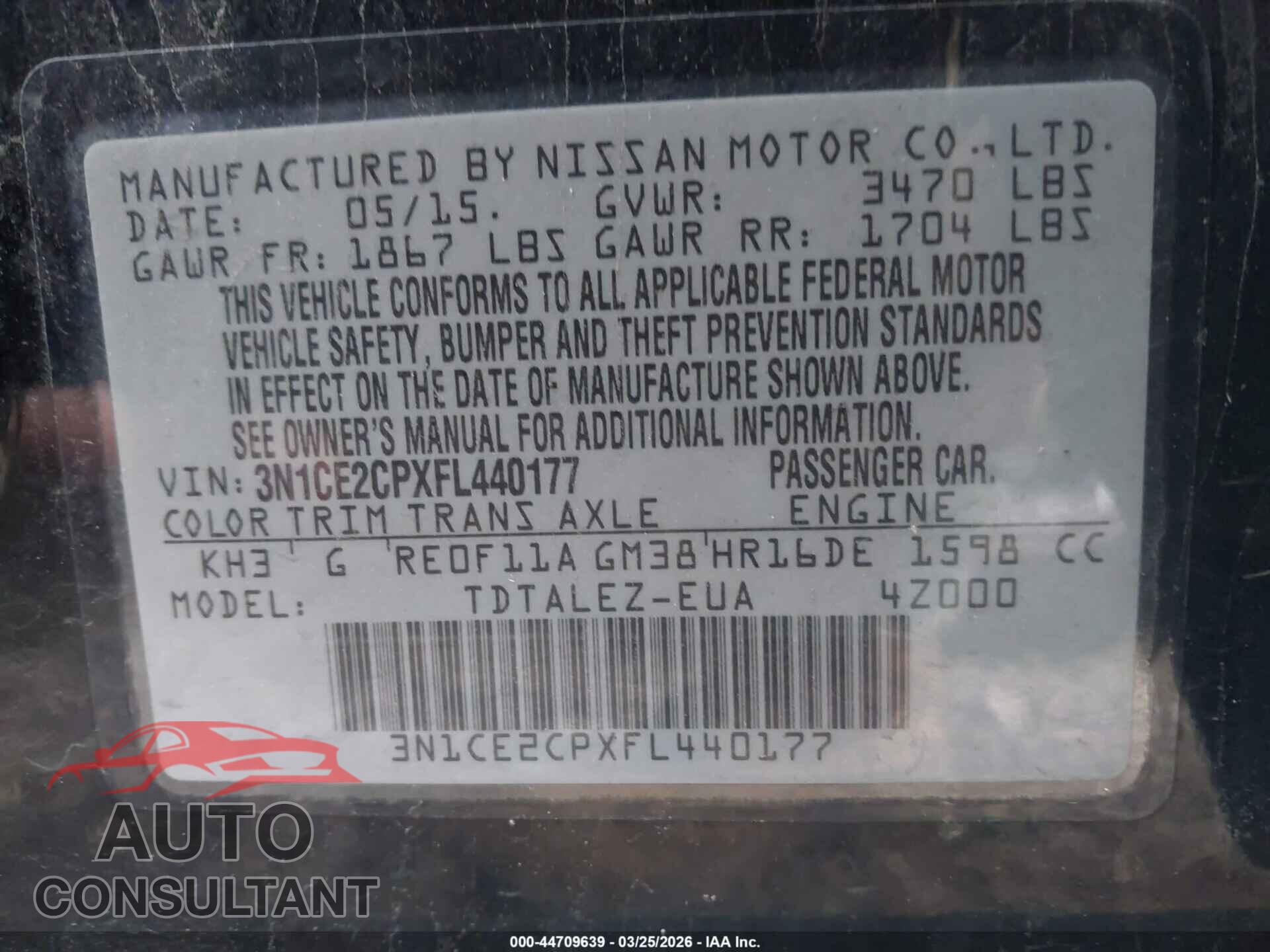 NISSAN VERSA NOTE 2015 - 3N1CE2CPXFL440177