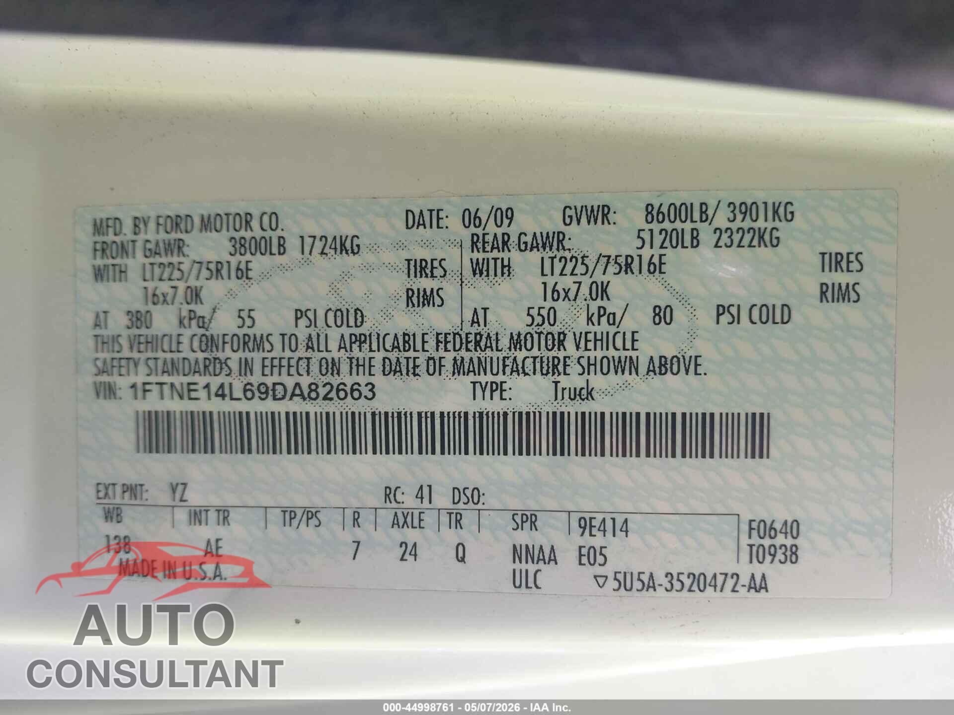 FORD E-150 2009 - 1FTNE14L69DA82663