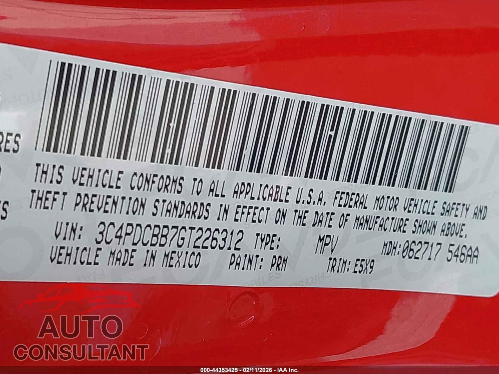 DODGE JOURNEY 2016 - 3C4PDCBB7GT226312