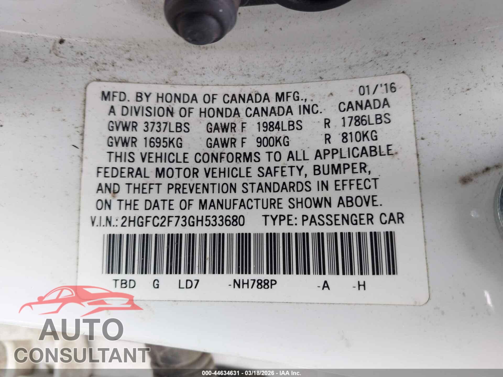 HONDA CIVIC 2016 - 2HGFC2F73GH533680