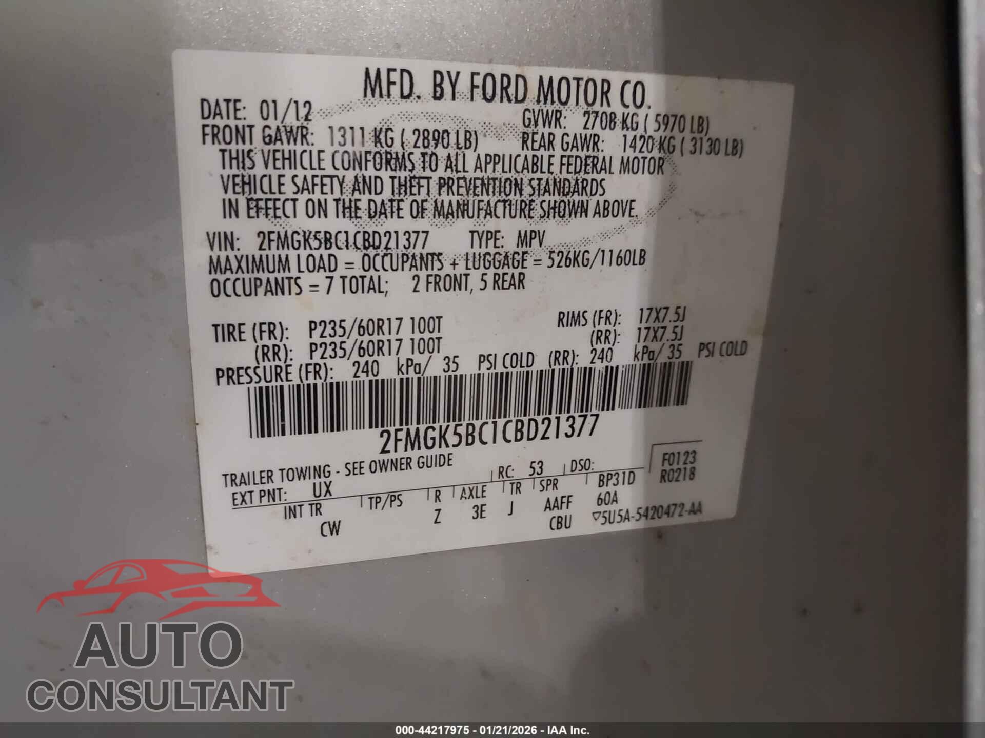FORD FLEX 2012 - 2FMGK5BC1CBD21377
