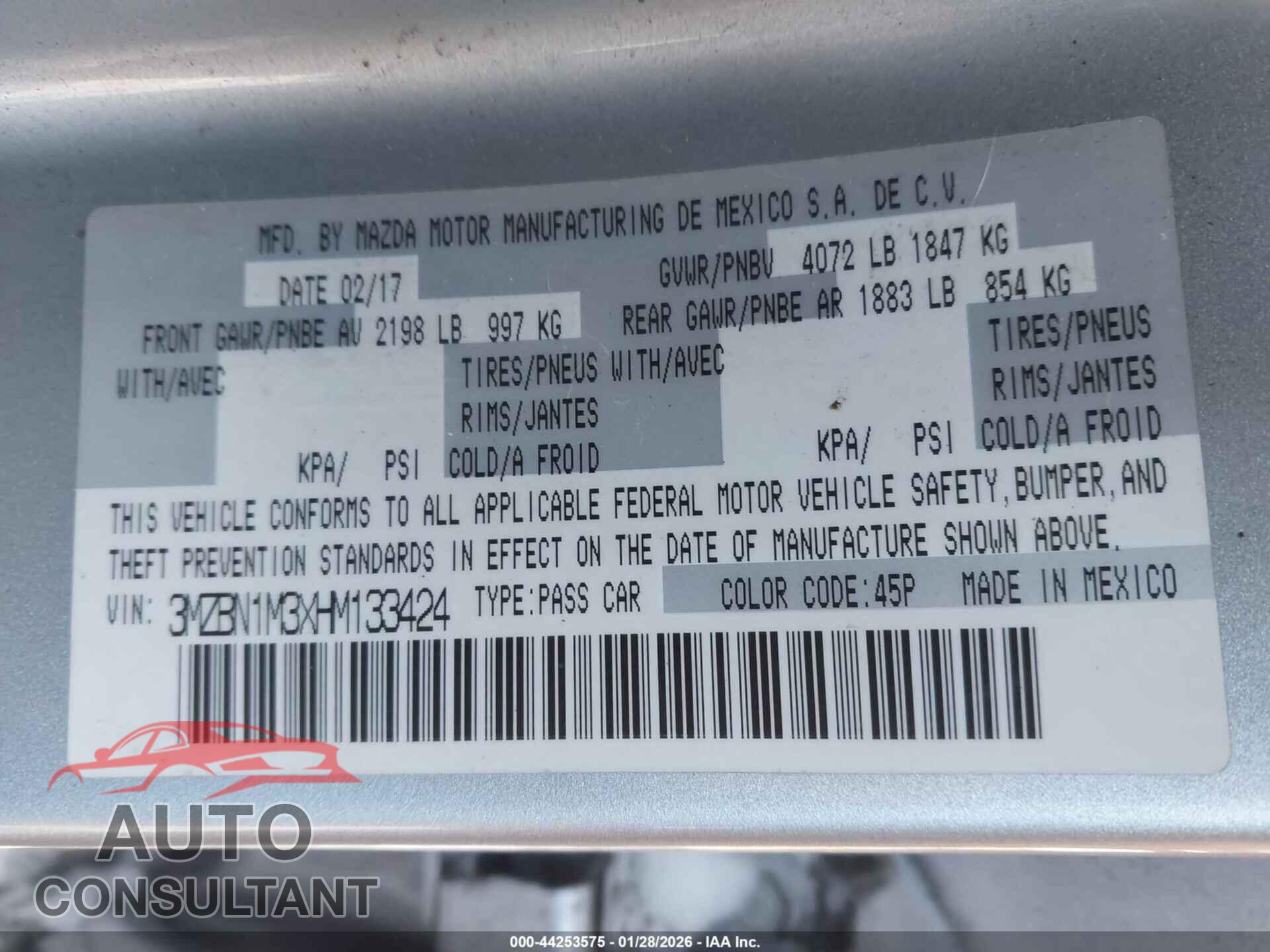 MAZDA MAZDA3 2017 - 3MZBN1M3XHM133424