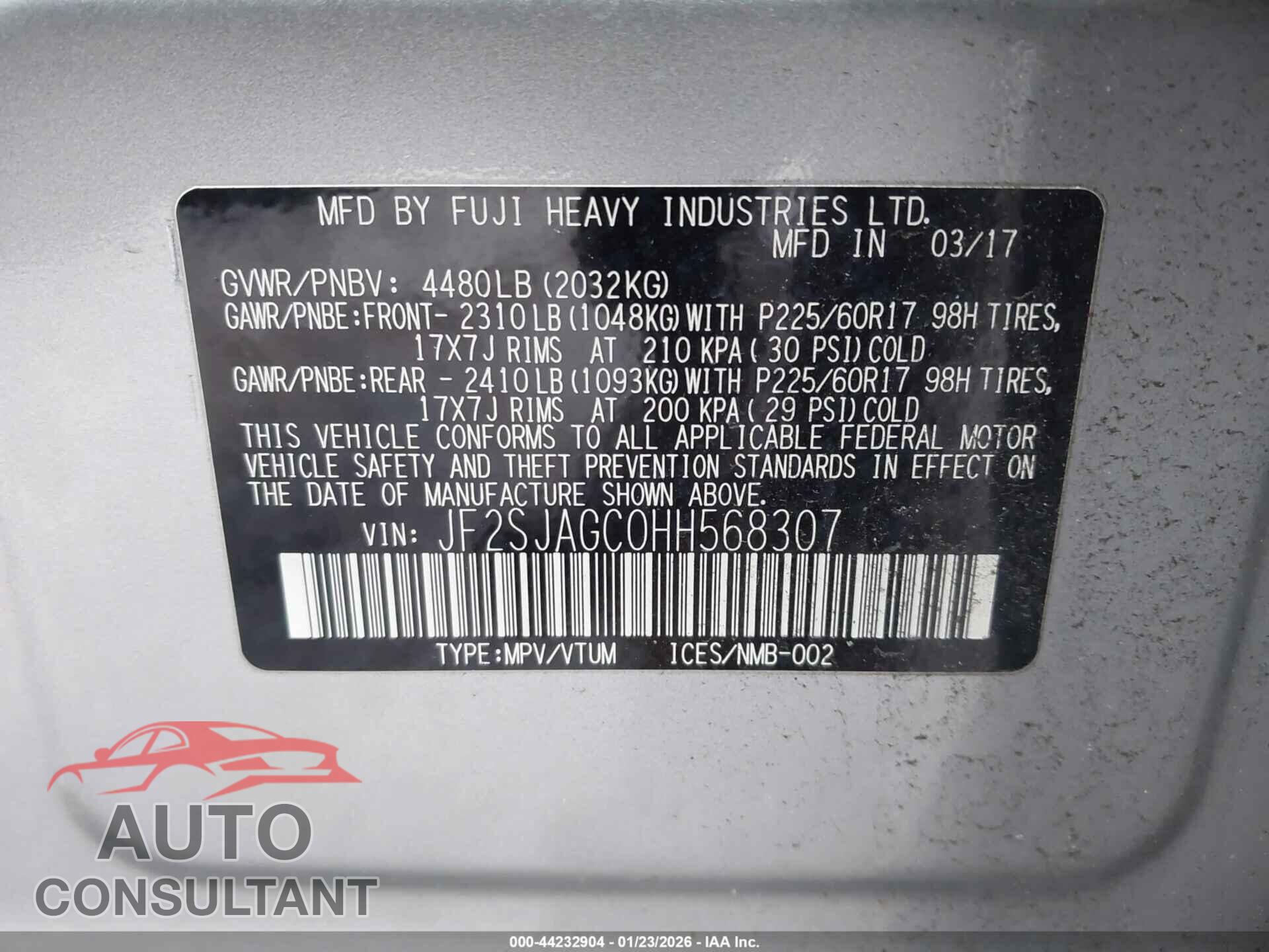 SUBARU FORESTER 2017 - JF2SJAGC0HH568307