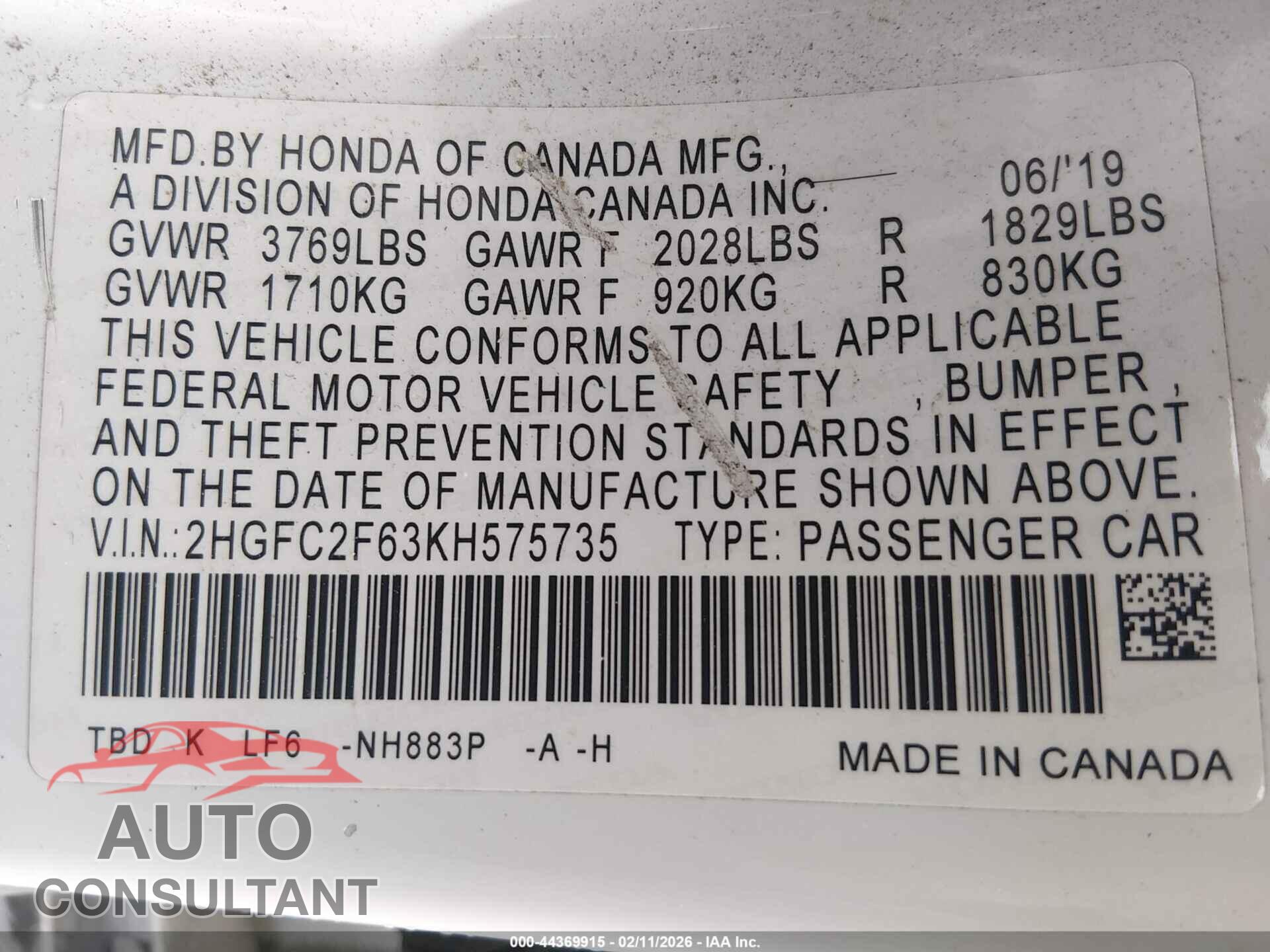 HONDA CIVIC 2019 - 2HGFC2F63KH575735