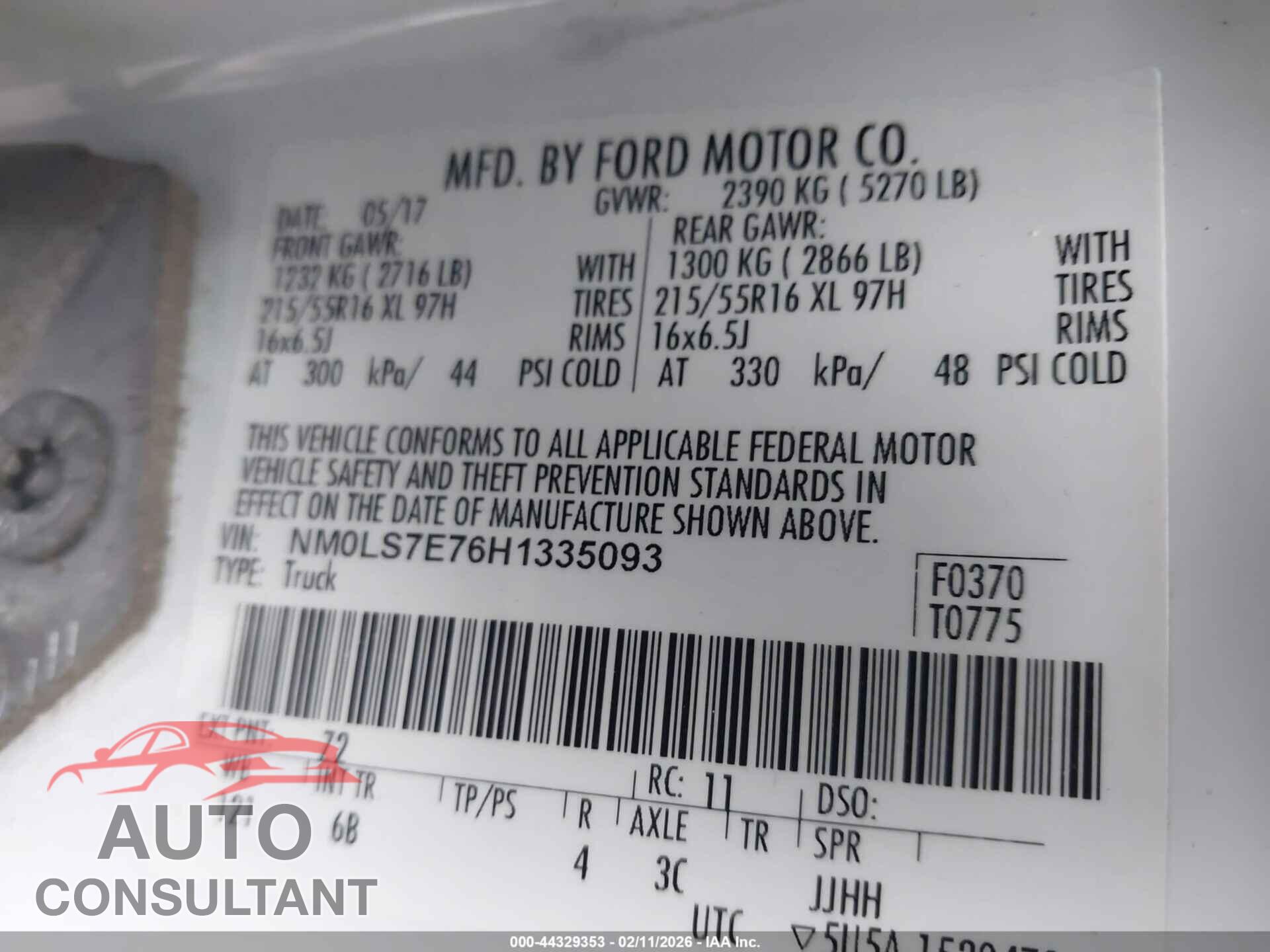 FORD TRANSIT CONNECT 2017 - NM0LS7E76H1335093