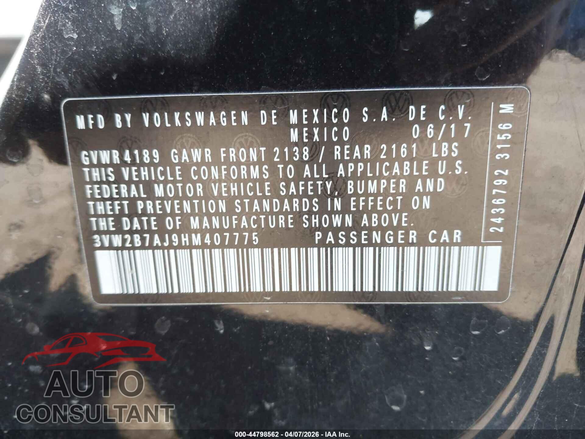 VOLKSWAGEN JETTA 2017 - 3VW2B7AJ9HM407775