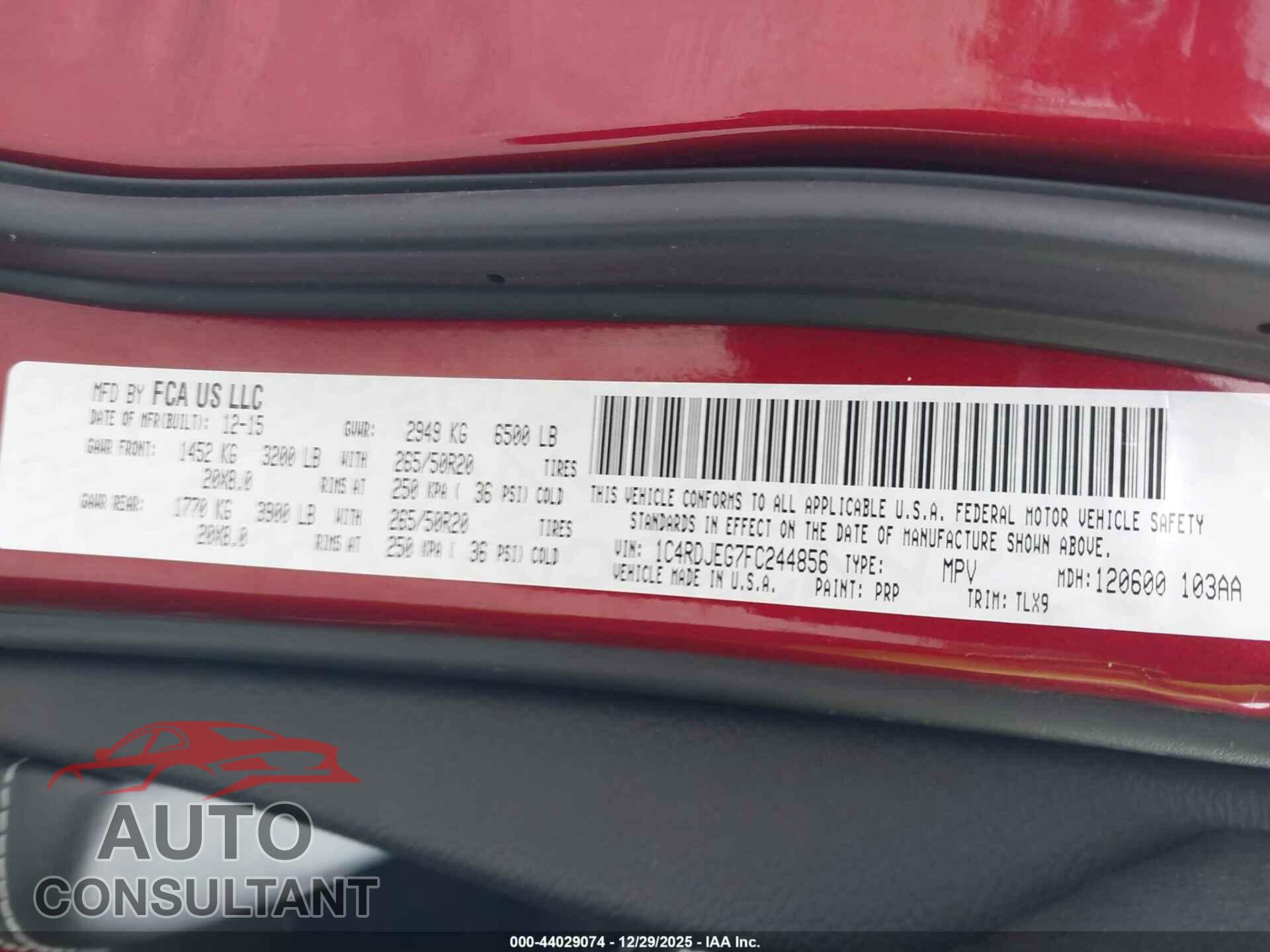DODGE DURANGO 2015 - 1C4RDJEG7FC244856