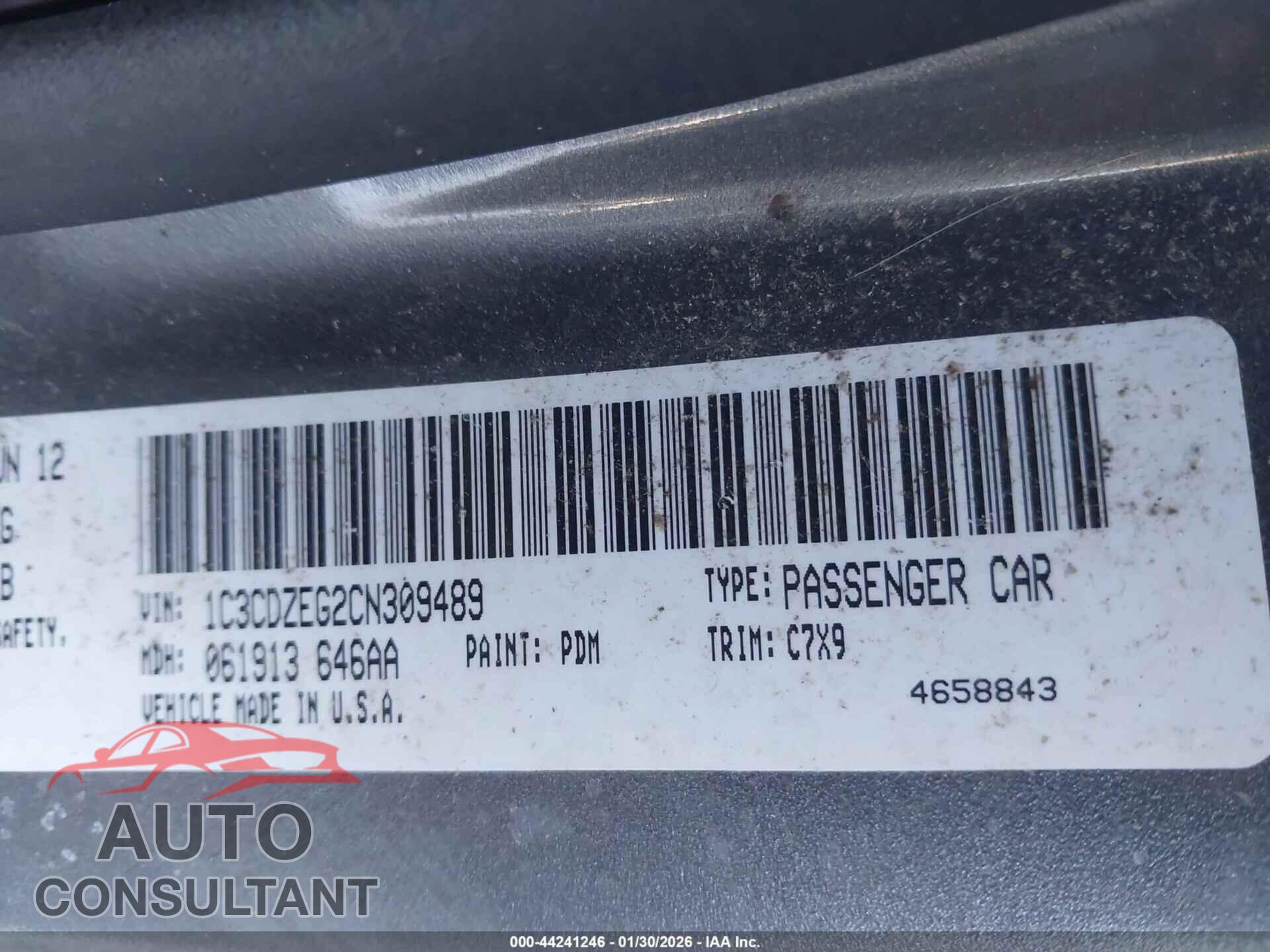 DODGE AVENGER 2012 - 1C3CDZEG2CN309489