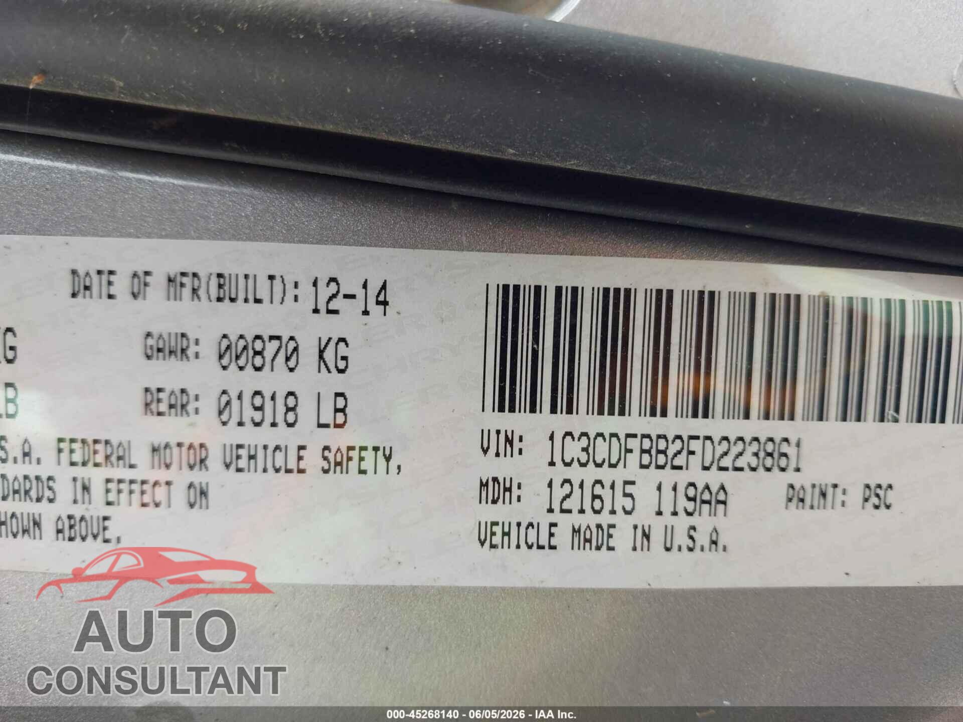 DODGE DART 2015 - 1C3CDFBB2FD223861