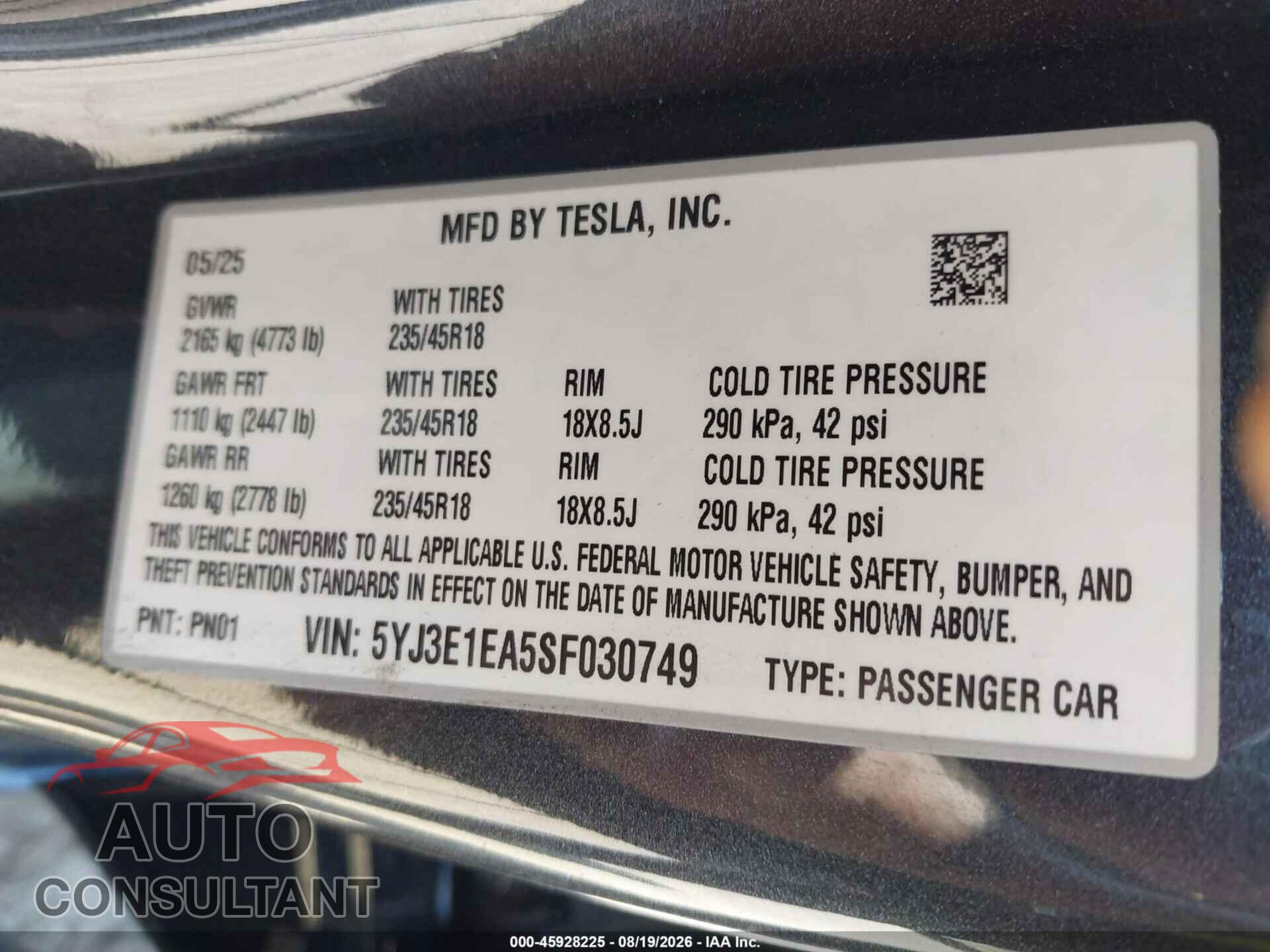 TESLA MODEL 3 2025 - 5YJ3E1EA5SF030749