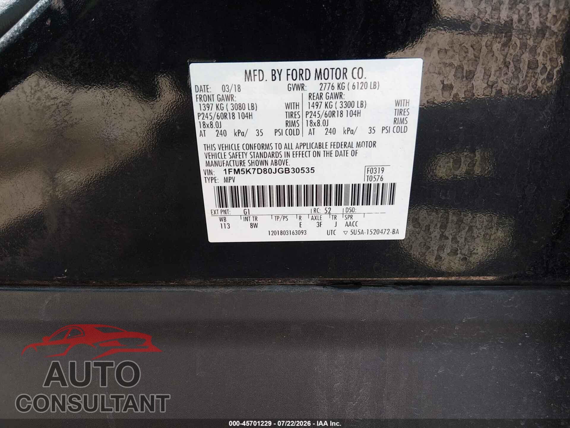 FORD EXPLORER 2018 - 1FM5K7D80JGB30535