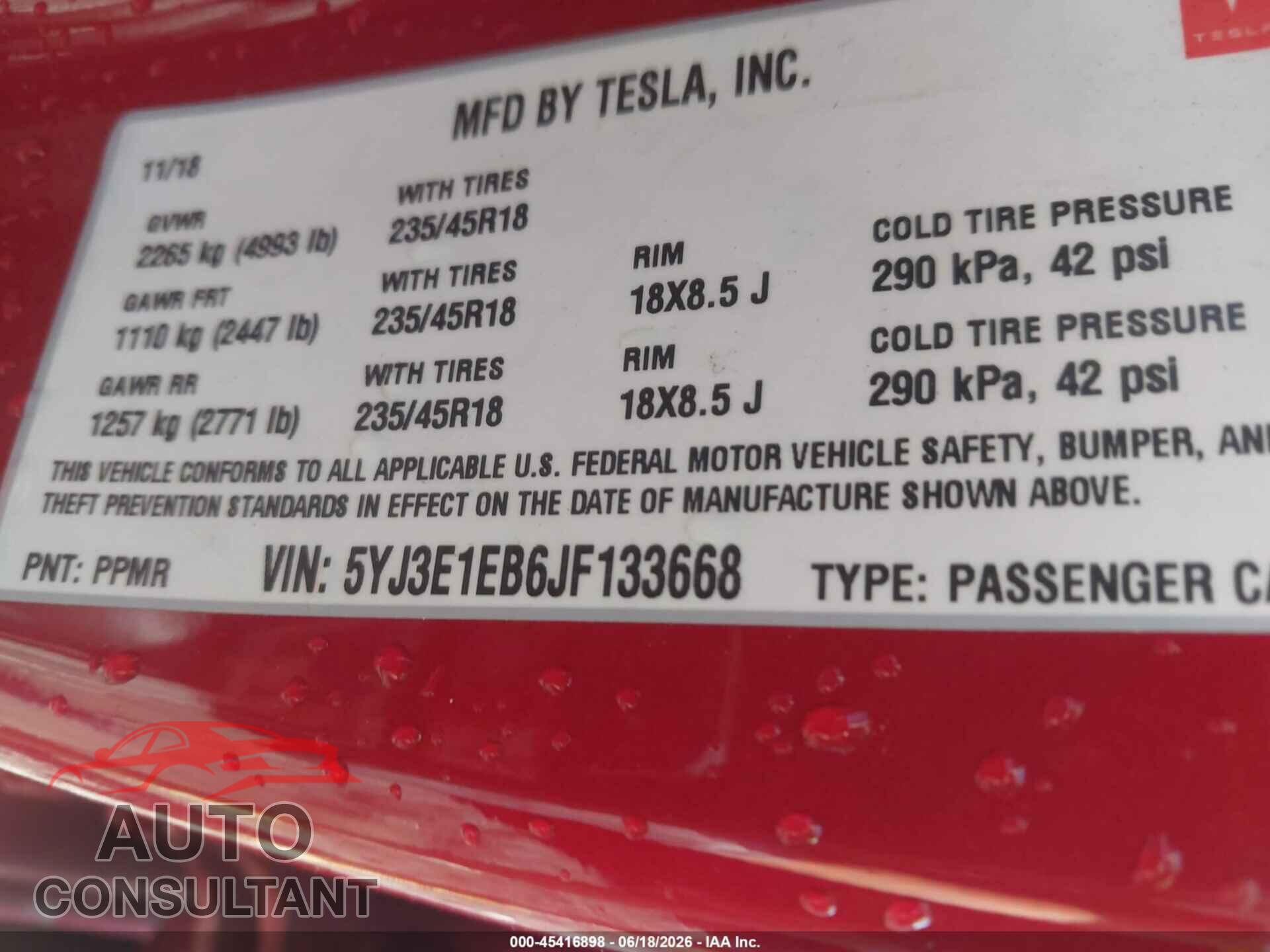 TESLA MODEL 3 2018 - 5YJ3E1EB6JF133668